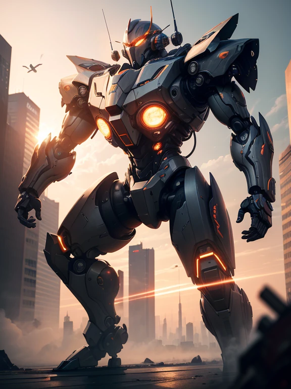 (best quality,4k,8k,highres,masterpiece:1.2),ultra-detailed,(realistic,photorealistic,photo-realistic:1.37),Mecha Warrior,sci-fi,steel,robust,technologically advanced,hovering in mid-air,mechanical limbs,enhanced exoskeleton,built-in weapons,emitting a blue energy glow,armed to the teeth,with a massive laser cannon on its shoulder,cockpit with a transparent canopy,lightweight but sturdy armor,aggressive pose,ready for battle,backdrop of a futuristic cityscape at sunset,with towering skyscrapers and flying vehicles,vibrant city lights illuminating the scene,dramatic shadows cast by the setting sun's rays,light rays piercing through the buildings,creating a dynamic and energetic atmosphere,casting a beautiful orange and purple color palette onto the mecha and the surroundings,highlighting the intricate details of the mechanical parts,gleaming reflections on the polished surfaces,showcasing the advanced technology of the mecha,dynamic perspective,with a slightly tilted angle,allowing for a sense of depth and movement,professional artwork,with meticulous attention to detail,vivid colors and realistic textures,immersive environment,bringing the futuristic world to life.