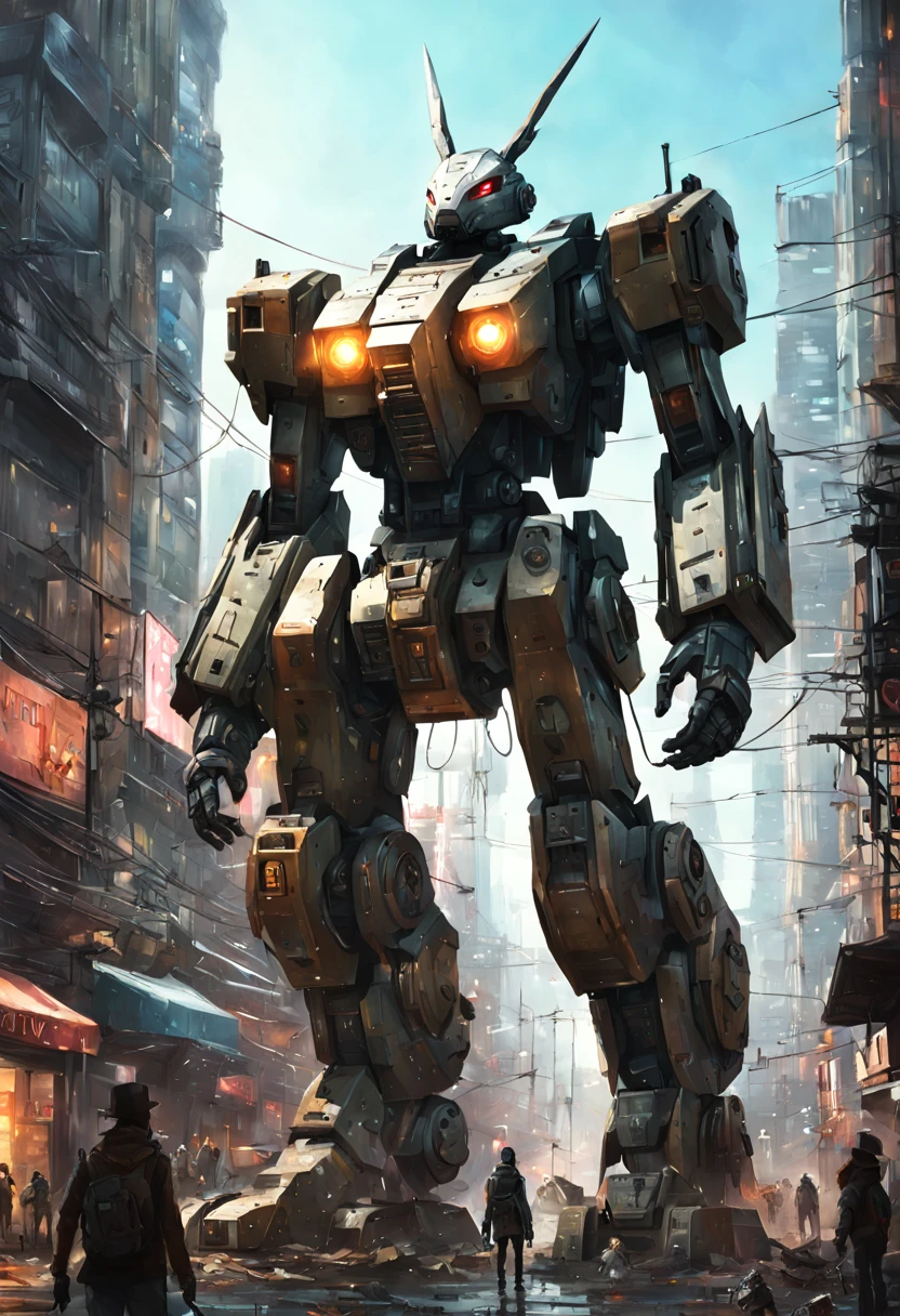 Mecha Warrior, Giant mecha robot rabbit towering the city!! :: concept art, 16k resolution digital art by Klaus Wittmann, Alejandro Burdisio, Ismail Inceoglu, Jeremy Mann, Ilya Kuvshinov, highly detailed, hyperrealistic, volumetric lighting, Muted colors, striking, beautifully lit, smooth sharp focus, trending on Artstation