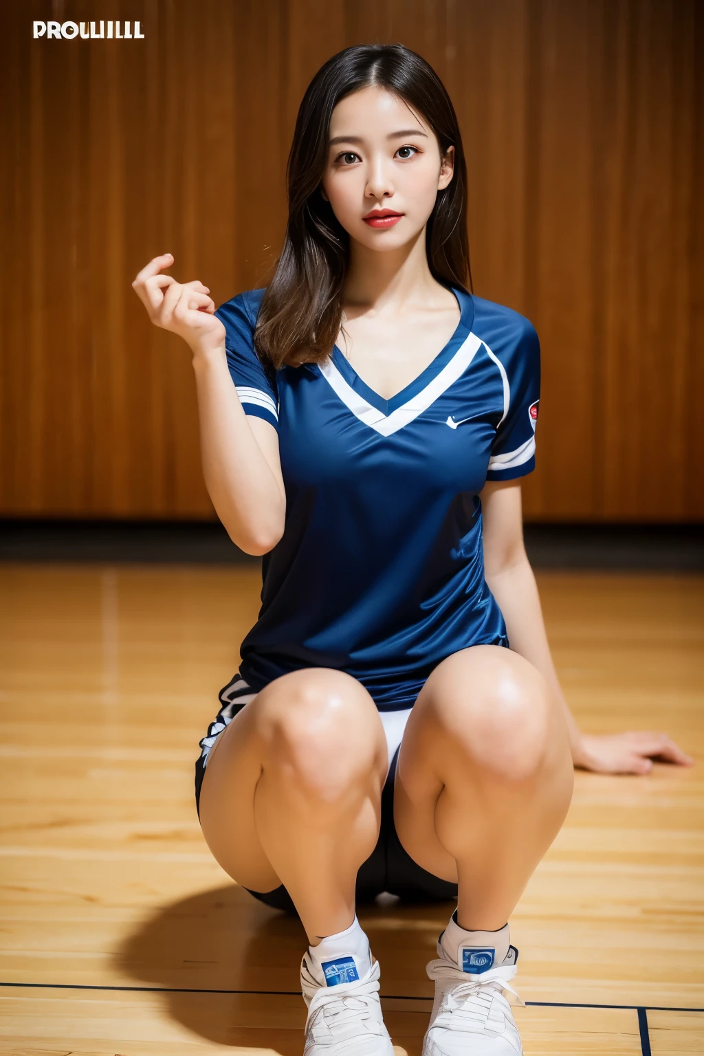 (Photos are real: 1.4), (Surrealism: 1.4), (actual: 1.3), (soft light: 1.05), (improved lighting: 0.9), 32k, 1 girl, 20 year old girl, actual lighting, backlight, Coordinating Minister, Ray tracing, (whitening light: 1.2), (image enhancement: 1.4), ( High quality real skin: 1.4), Narrow your eyes, delicate face, Narrow your eyes, (Increase body lines and mood: 1.1), 超Big deal乳房, Big deal, (Improve skin quality and beauty: 1.1),volleyball uniform:1.4, indoor_volleyball_court_background:1.4, thighs thighs thighs thighs, protrude , crotch