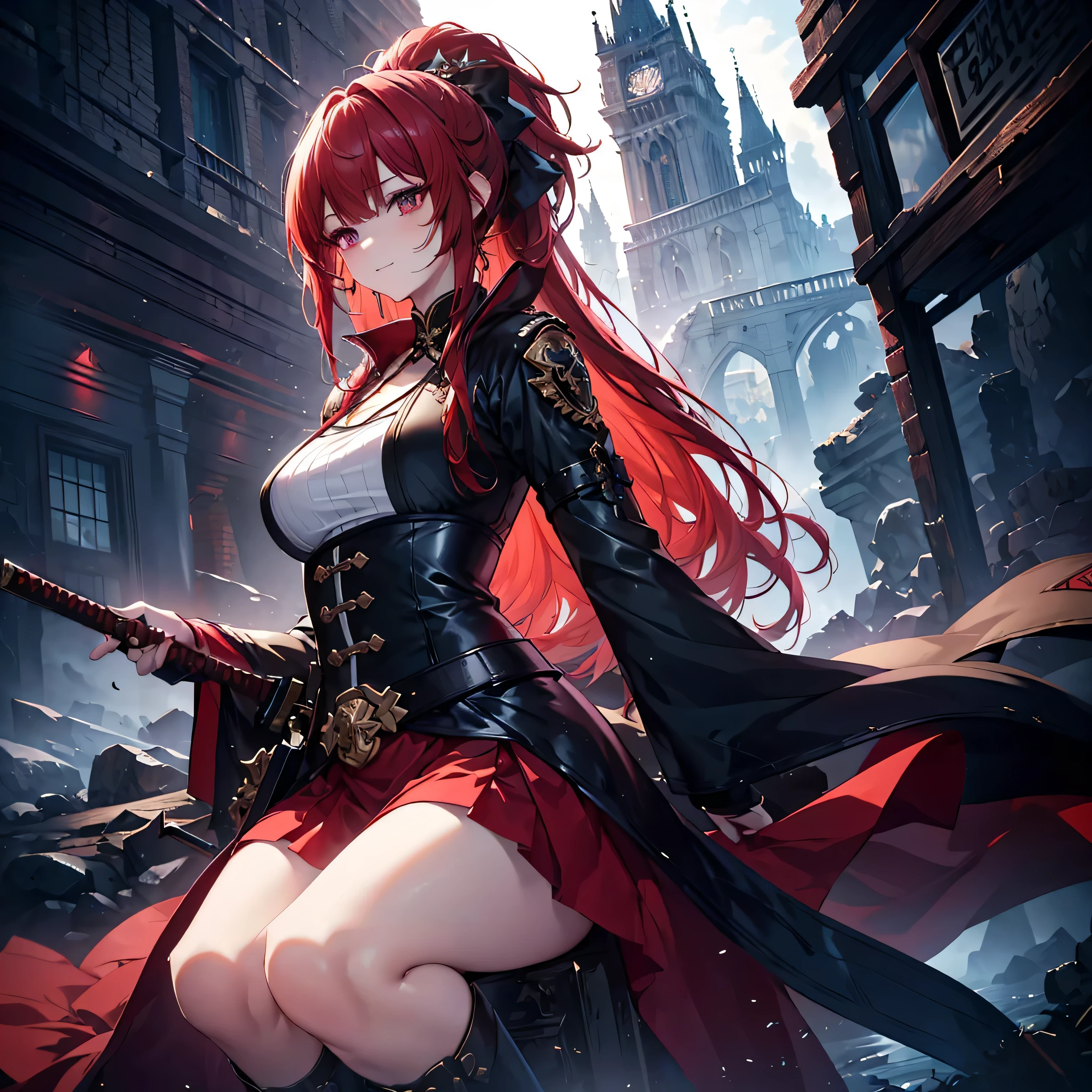 (masterpiece, highest quality,8K quality) adult woman, married woman, red long hair，red long skirt, Multiple white lights shine like lines, black high long boots, wife, Wearing black mage robes, The 50-year-old queen looks away from the side, detailed face, fine eyes, 暗赤colorの目, thin droopy eyes, {{{narrow eyes}}}, Long contour, action movie, cute smile, {{{Drive through a steampunk steel factory}}}, straight bangs, great writing background, fantasy background,magic of electricity and smoke, long red hair ponytail, gothic, big breasts, portrait from the knees up, color, cinematic lighting, highly detailed face, detailed face, beautiful face, beautiful eyes, perfect lighting,parted bangs, written boundary depth, realistic proportions, excellent anatomy,makeup gremory, small details. front of girl,destiny style, Trending on Art Station pixiv, Seductive Anime Woman, video game, A soft smile with a closed mouth, Beautiful woman, A squishy smile,Don&#39;don&#39;t bend your knees