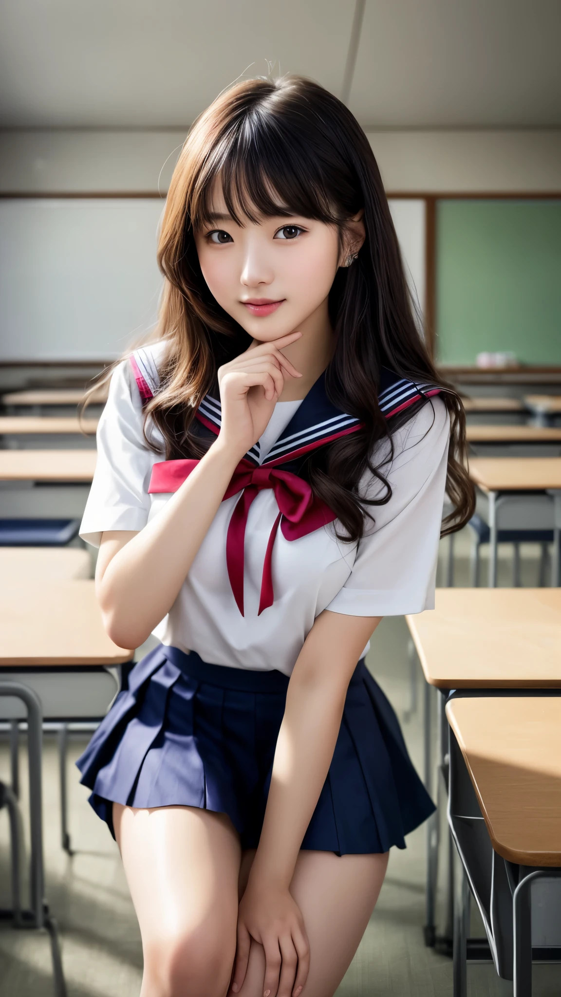 最high quality、high quality、best image quality、8K、最High resolution、High resolution、最high quality、masterpiece、RAW photo、whole body写真、Realistic human body with detailed details、Realistic skin in every detail、Realistic face in every detail、Realistic eyes in every detail、Realistic lips in every detail、Realistic teeth in every detail、Realistic ears with attention to detail、Realistic hair with detailed details、Realistic arms with attention to detail、Realistic hands with attention to detail、Realistic fingers with attention to detail、(fine hands、thumb1reference4)、Realistic legs with attention to detail、Realistic feet with attention to detail、((beautiful japanese girl))、(japanese model), (japanese woman)、((18 year old beautiful girl))、(black hair)、(straight hair)、((whole body))、((Beautiful breasts directed upwards、Medium chest))、(slim style、slender style)、(whole body光沢肌、Fair skin)、Detailed and realistic human body、detailed realistic skin、detailed realistic face、detailed realistic arms、Detailed realistic fingers、Detailed realistic feet、soft natural light、sailor suit、school uniform、junior high school、high school、Junior School、japanese school uniform、((Transparent see-through(クロストップsailor suit、Sailor Mini Skirt))、((In the classroom of the school(Pose that makes your thighs look beautiful))
