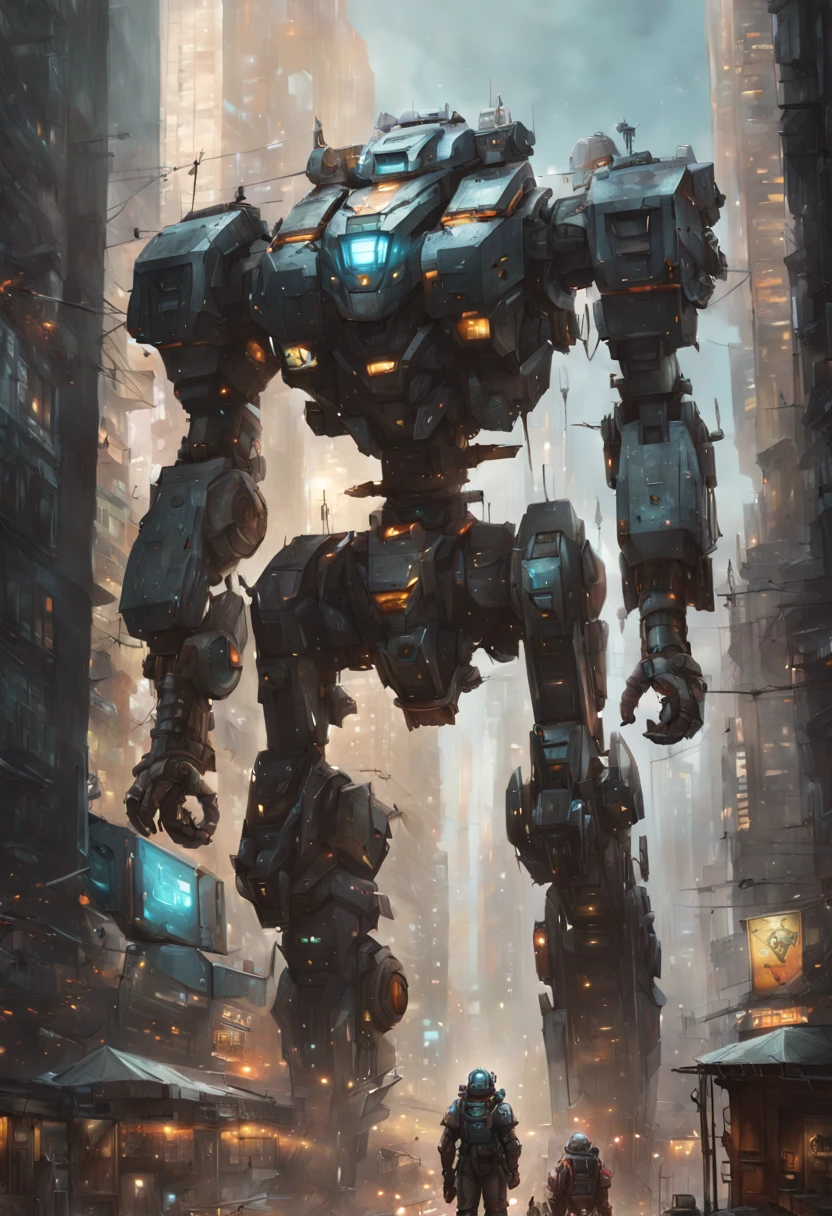 Mecha Warrior, Giant mecha robot rabbit towering the city!! :: concept art, 16k resolution digital art by Klaus Wittmann, Alejandro Burdisio, Ismail Inceoglu, Jeremy Mann, Ilya Kuvshinov, highly detailed, hyperrealistic, volumetric lighting, Muted colors, striking, beautifully lit, smooth sharp focus, trending on Artstation