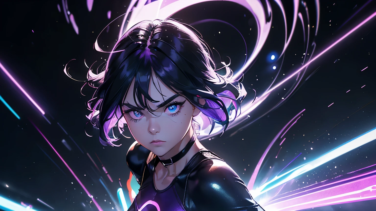 4K, A high resolution, Best quality at best, masterpiece, perfect colors, perfect shadow, perfect litthing, ((sportrait)), 1woman, fitted body, bright yellow eyes,dark blue hair , blue eyes, With round lenses, The audience watched carefully, (s face: 1.2), , ((standing)), ((neon purple Tight crop top neon purple leather suit), ((shy and looking at viewert)), (Perfect thick white eyebrows) Delicate fur, 详细s face, s the perfect face, doomsday background, lighting atmosphere, ((Bonifasko lighting)), (The round lenses on his eyes)(詳細な目), Perfect student, face close up