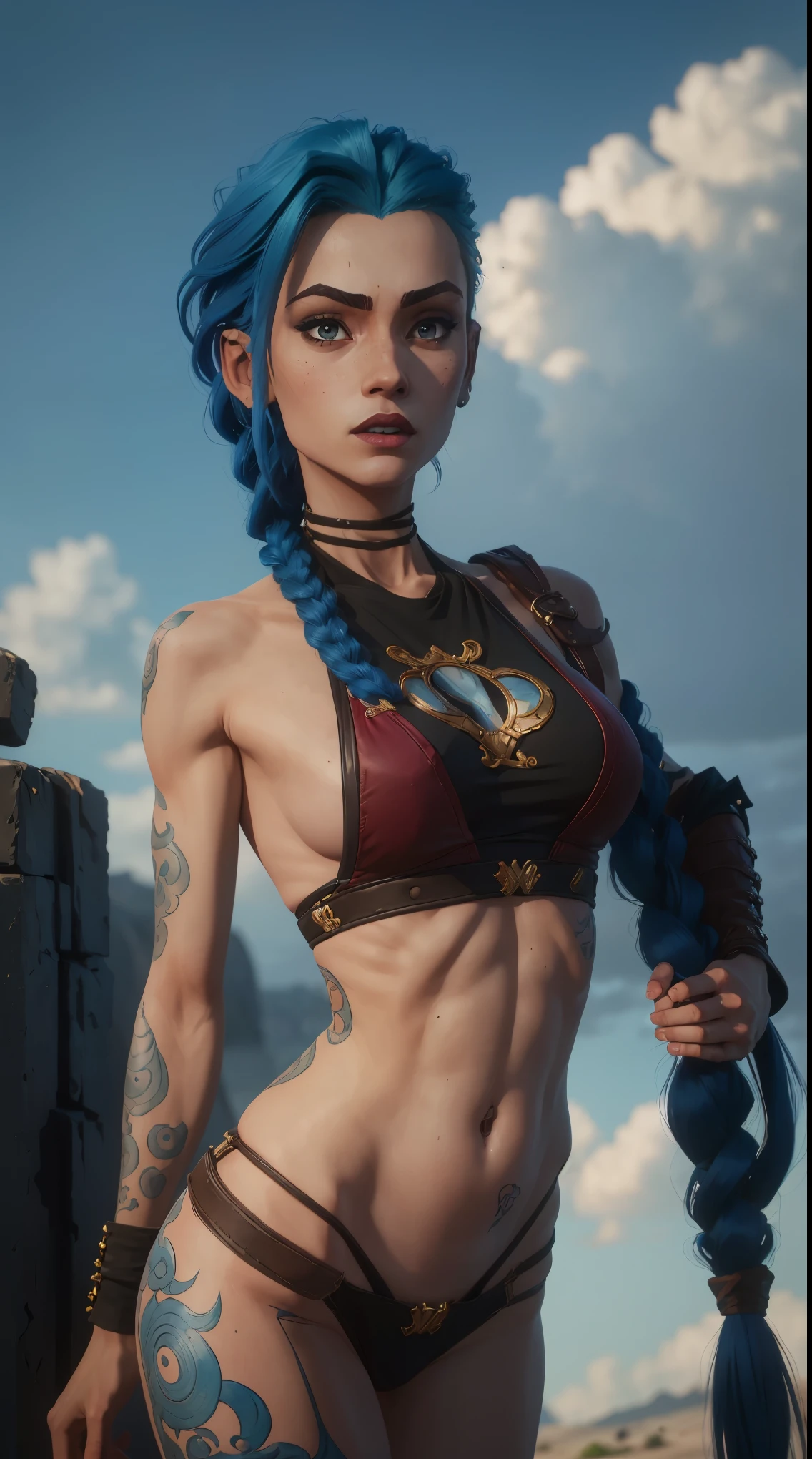 masterpiece,best quality, official art, extremely detailed CG unity 8k wallpaper, ((top quality, 8k, masterpiece: 1.3, ultra hd, high quality, best quality, high definition, ((realism)), sharp focus: 1.5, Estilo arcano, 1girl, cloud tattoo on the arm, asymmetrical bangs, franja, cabelo azul, blue braids, camisa marrom, tatuagem de nuvem, lateralmente, cabelo azul, cabelo longo, olhos cor de rosa, red-lips, standingn , tatuagem de nuvem, twin braids. azarar de arcano. azarar. azarar, arcano(Liga das Lendas\)
