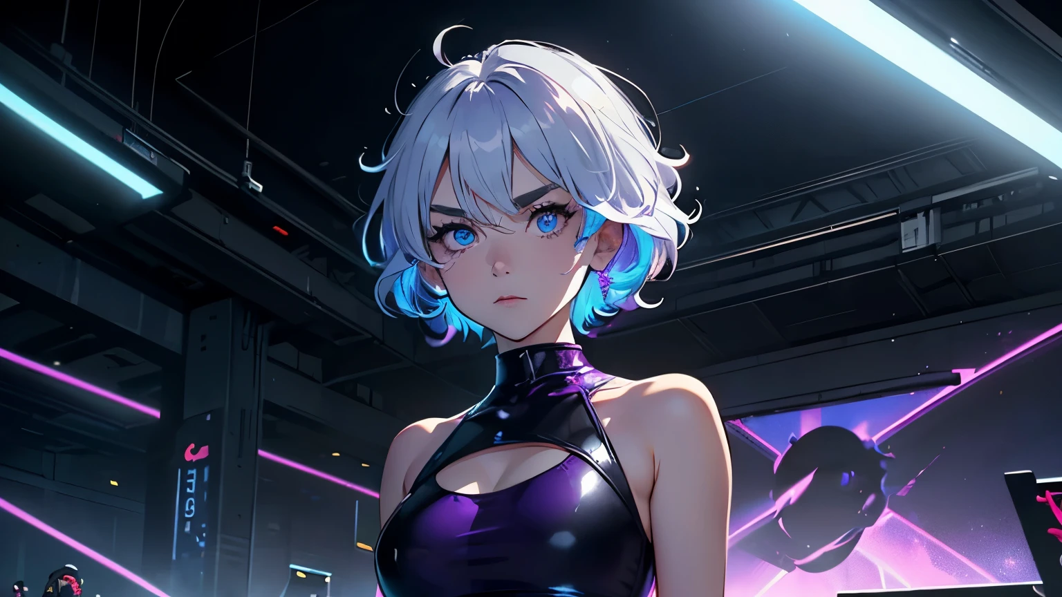 4K, A high resolution, Best quality at best, masterpiece, perfect colors, perfect shadow, perfect litthing, ((sportrait)), 1woman, fitted body, bright yellow eyes，dark blue hair , blue eyes, With round lenses, The audience watched carefully, (s face: 1.2), , ((standing)), ((neon purple Tight crop top neon purple  leather suit), ((shy and looking at viewert)), (Perfect thick white eyebrows) Delicate fur, 详细s face, s the perfect face, doomsday background, lighting atmosphere, ((Bonifasko lighting)), (The round lenses on his eyes)(詳細な目), Perfect student, face close up