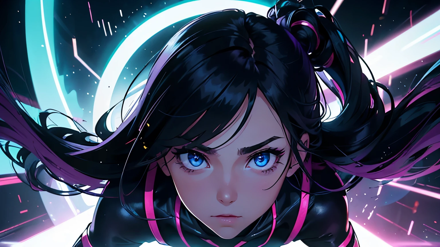 4K, A high resolution, Best quality at best, masterpiece, perfect colors, perfect shadow, perfect litthing, ((sportrait)), 1woman, fitted body, bright yellow eyes,dark blue hair , blue eyes, With round lenses, The audience watched carefully, (s face: 1.2), , ((standing)), ((neon purple Tight crop top neon purple leather suit), ((shy and looking at viewert)), (Perfect thick white eyebrows) Delicate fur, 详细s face, s the perfect face, doomsday background, lighting atmosphere, ((Bonifasko lighting)), (The round lenses on his eyes)(詳細な目), Perfect student, face close up