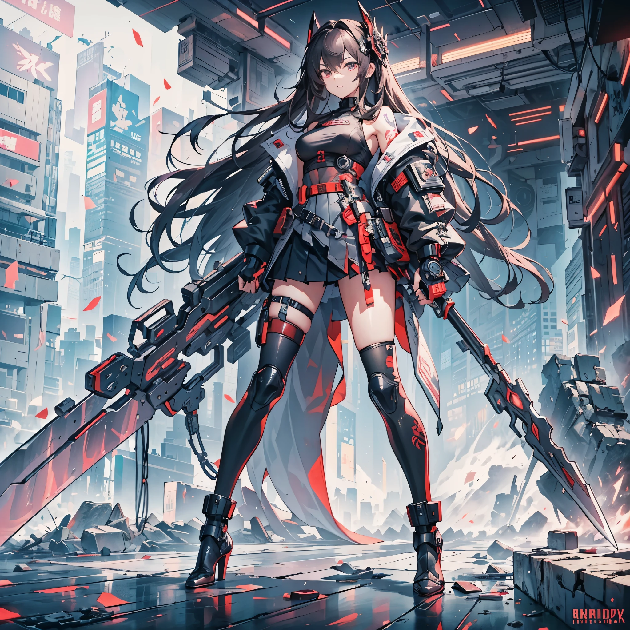 (table top, highest quality), (Perfect athlete body:1.2), (fine hair), super detailed,Detailed facial,perfect face, Precise detail depiction,whole body, cyberpunk samurai girl, high school student,red tattoo on thigh,blackいセーラー服（black,Jacket,Dock Tags,pleated skirt）,18-year-old,Long hairstyles, purple eyes, Wield a giant sword, Standing in the wasteland, Flying sparks,Destroyed walls,destroyed building room,indoor,Wear high-tech boots,high heels, Equipping the Cyberpunk Gauntlet（five fingers,Detailed finger depiction,Basket Hands,drawing of fingertips）,8K high resolution, trend art station, white background, Standing in the wasteland, take a pose
