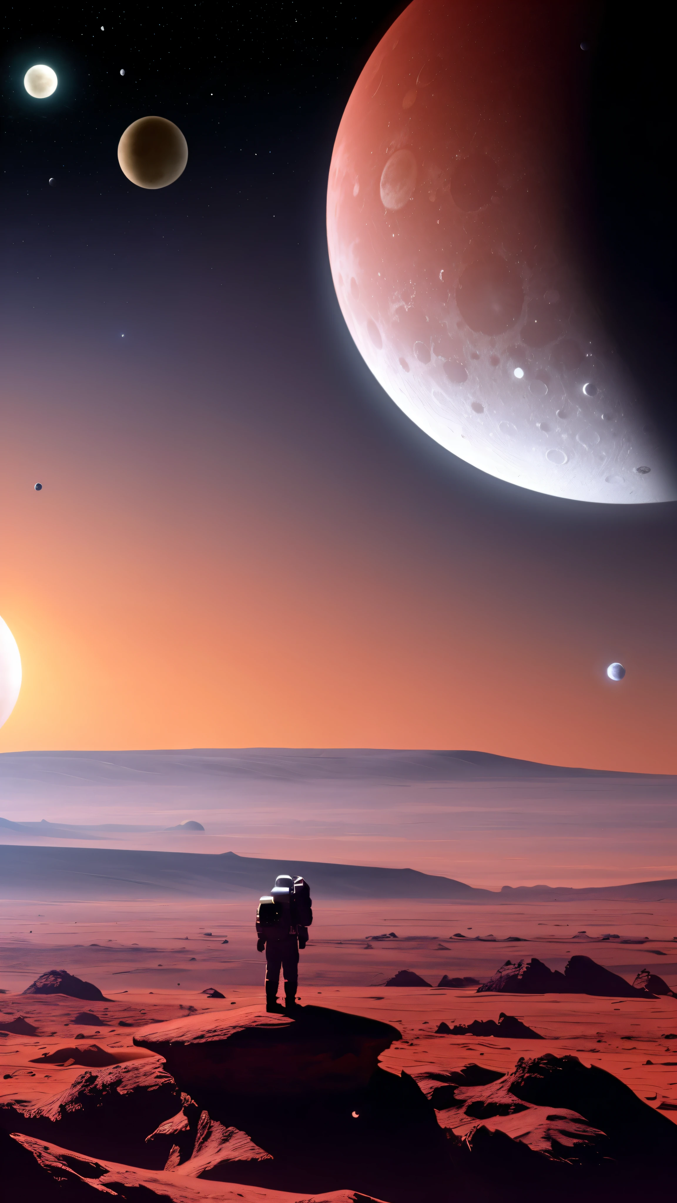 Arafad sees distant planets and the moon in the sky, Planets in space above the horizon, sunset on distant machine planet, planetary landscape, planet behind, fantasy planet, exoplanetary landscape, planets in sky, planets in sky, beautiful wallpaper, There are two moons in the sky, Alien planet in the distant sky, big planet in background