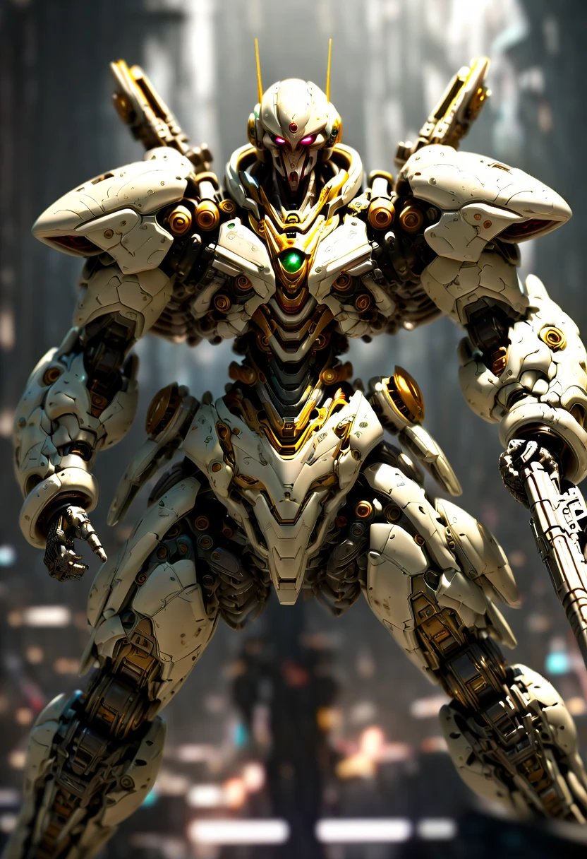 (Vision:1.8), (full-body shot:1.5), a cyborg male warrior，With a steel-like skeleton，On the battlefield of the future world，Aim with a rifle。His body is a fine mechanical part（Includes cables and gears）complex integration of，Demonstrating the fusion of humans and machines in a dystopian future。The intricate details of his mechanical components highlight his strength and combat readiness。The warrior&#39;s posture is focused and precise，Captured the tense atmosphere of the battlefield，(Eyes looking directly at the audience:1.5)，(motion blur:1.5)