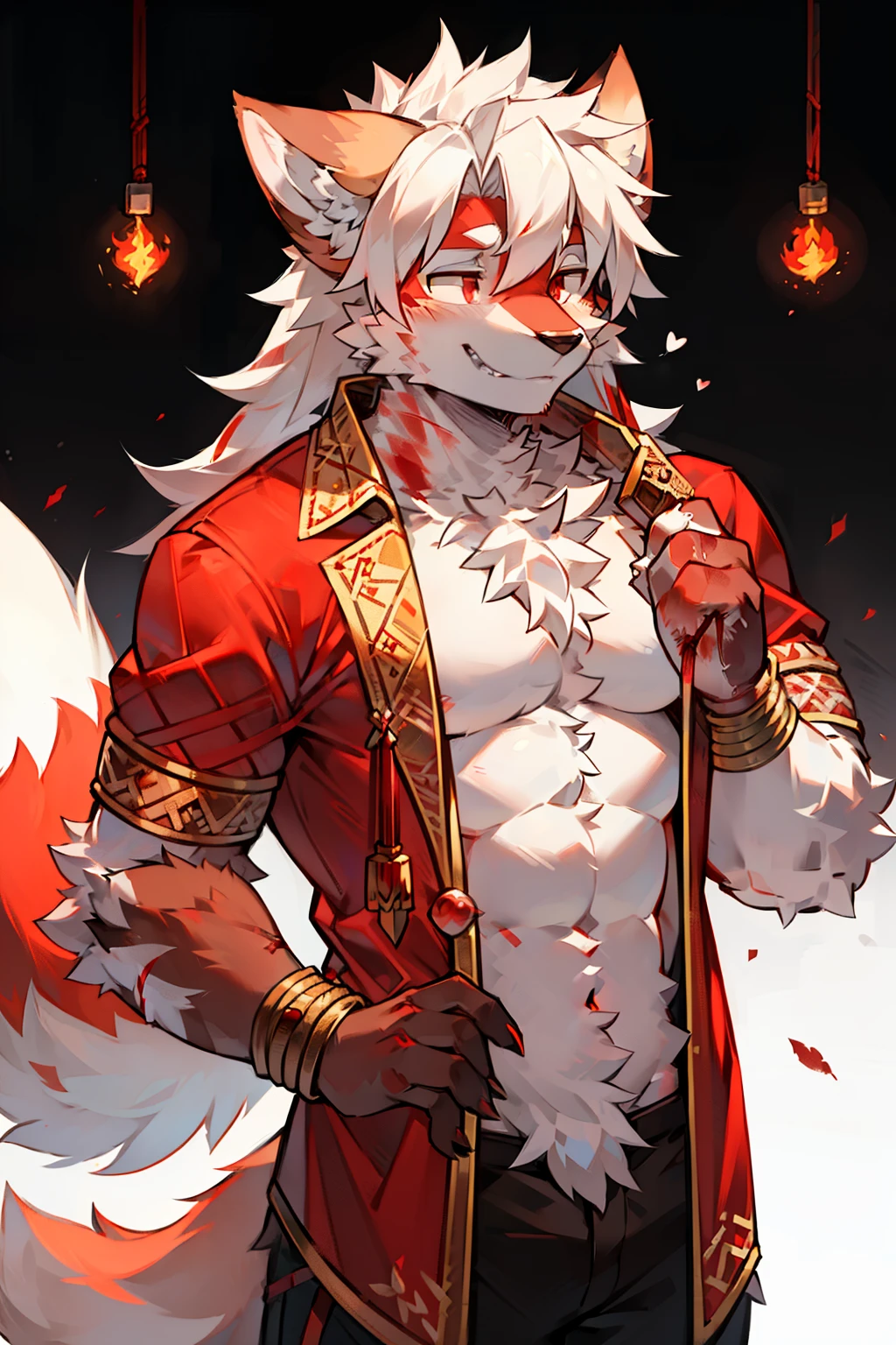 the only person,hairy male,Hairy chest,fox,canine,white fur,Blood red pick dye,long white hair,The ends of the hair are blood red,dark red eyes,charming,Handsome,Feeling,Handsome,big tail,rope,shackles,