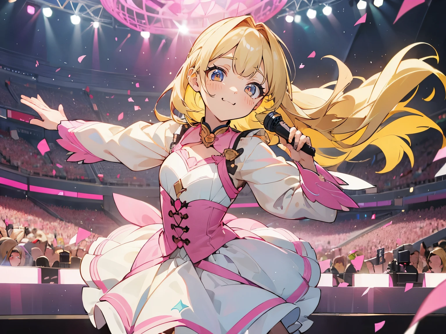 (muste piece), (best quality), very detailed, ((1 girl)), solo focus，Low - Angle，dynamic，jump，((happy face))，perfect face, beautiful face, very detailedな顔，(blonde_pink eyes:1.3)，idol costume，Solo Idol，concert dome，live，have a microphone，singing，Smiling with mouth wide open，Laser Light，confetti，