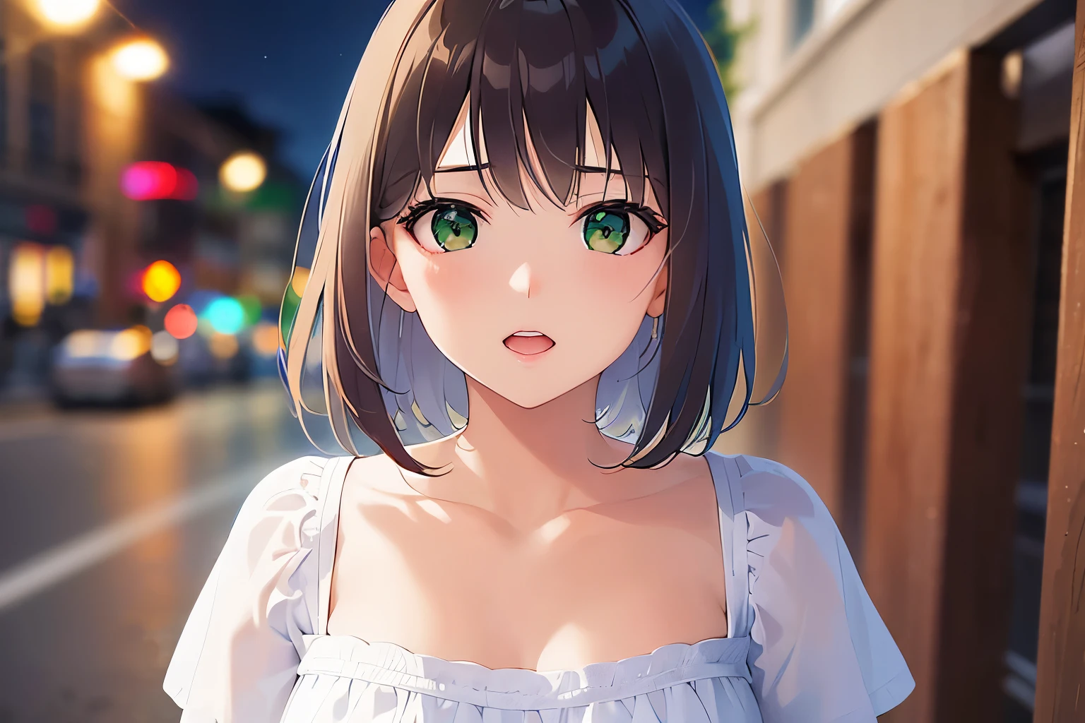 midnight, 上からの撮影、 medium shot, Realistic, real person, RAW photo, photorealistic, portrait photography, shiny skin, japanese idol、(前髪がある20歳の女性), (green eyes:1.5) and (brown hair) and (bob cut) and (wavy hair), (White Short sleeved blouse:1.3)、(nervous:1.5), open mouth, 一人きり、立っている、背景は夜の外