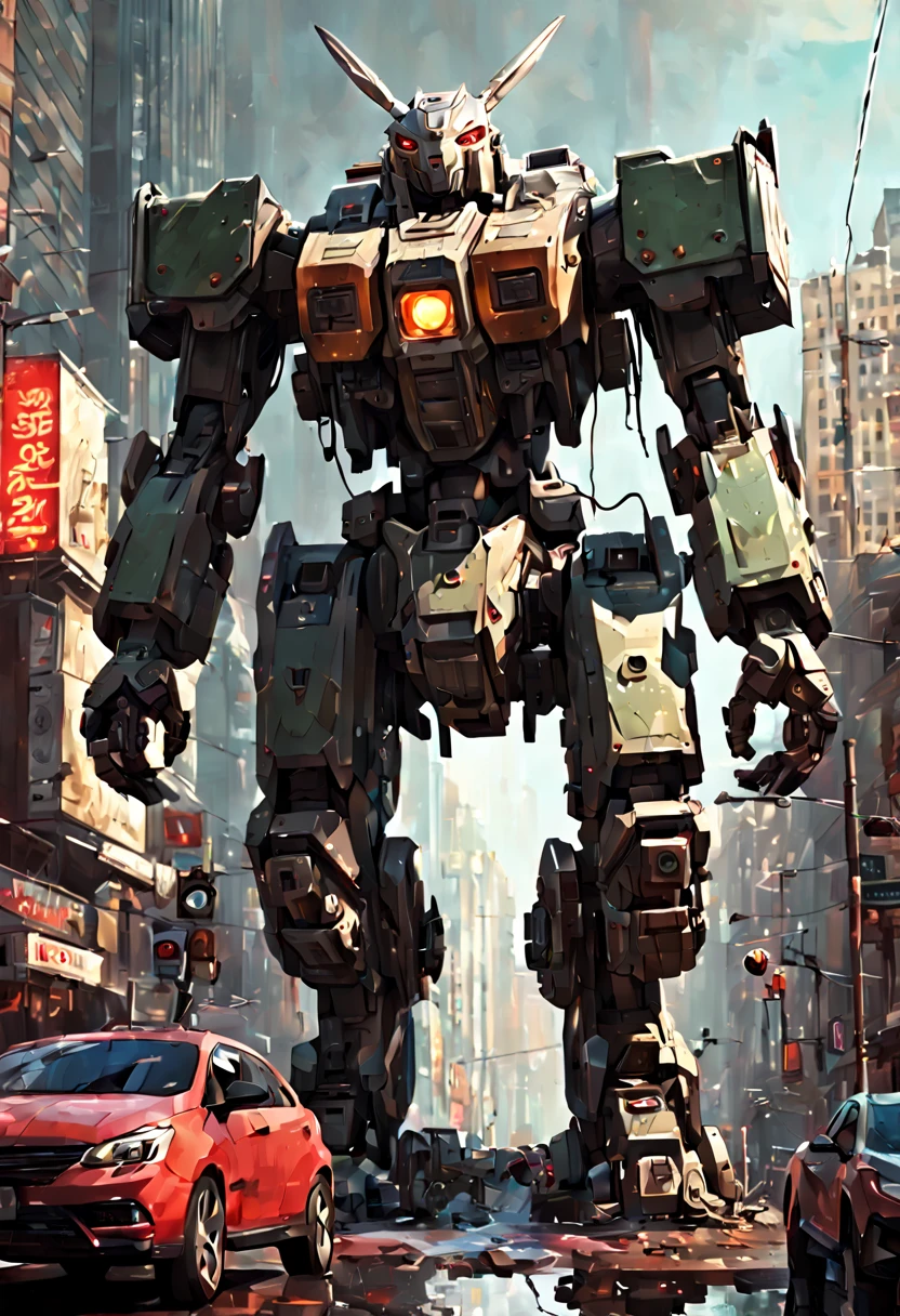 Mecha Warrior, Giant mecha robot rabbit towering the city!! :: concept art, 16k resolution digital art by Klaus Wittmann, Alejandro Burdisio, Ismail Inceoglu, Jeremy Mann, Ilya Kuvshinov, highly detailed, hyperrealistic, volumetric lighting, Muted colors, striking, beautifully lit, smooth sharp focus, trending on Artstation