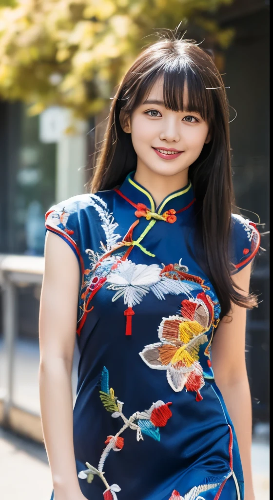 (highest quality、Super high resolution、masterpiece:1.3), Midhair with bangs, detailed moisturized eyes, rough skin, highest quality, 8K, blurred background, (, long legs, Legs exposed through slits), Wearing slip-ons, natural color lip, smile, woman with perfect style, You're in a high-traffic area, (Colorful patterns(Red and blue embroidery)Cheongsam for girls:1.2), facing the front, look at the camera