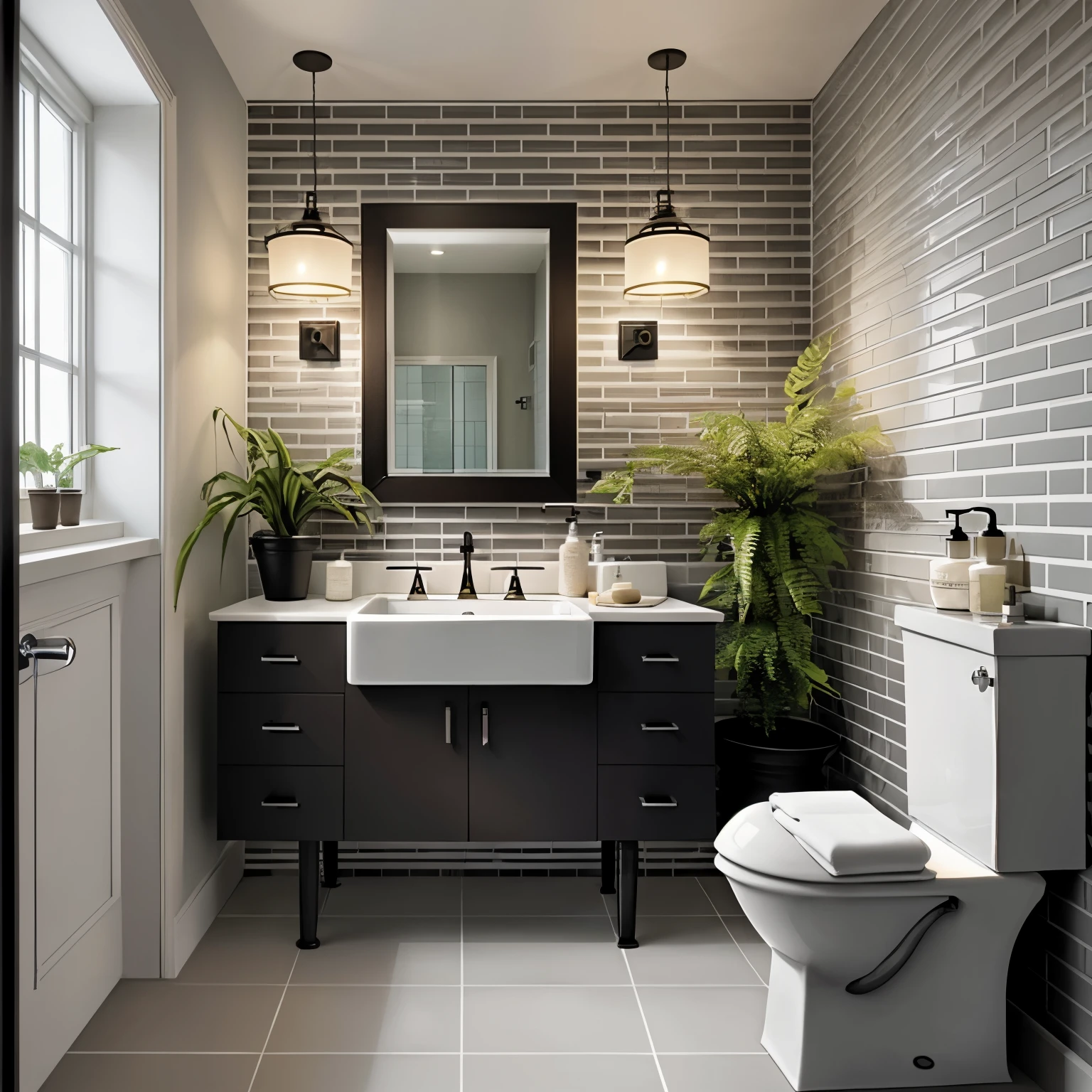 bathroom in a modern style with a wall made of 19th century brick tiles, with 1 toilet, 1 washbasin and 1 bathtub, a radiator on the wall, a cabinet suspended under the mirror, a lamp hanging on a cable, a plant and decorative elements, modern style, warm colors, subdued colors, premium bathroom design, modern look