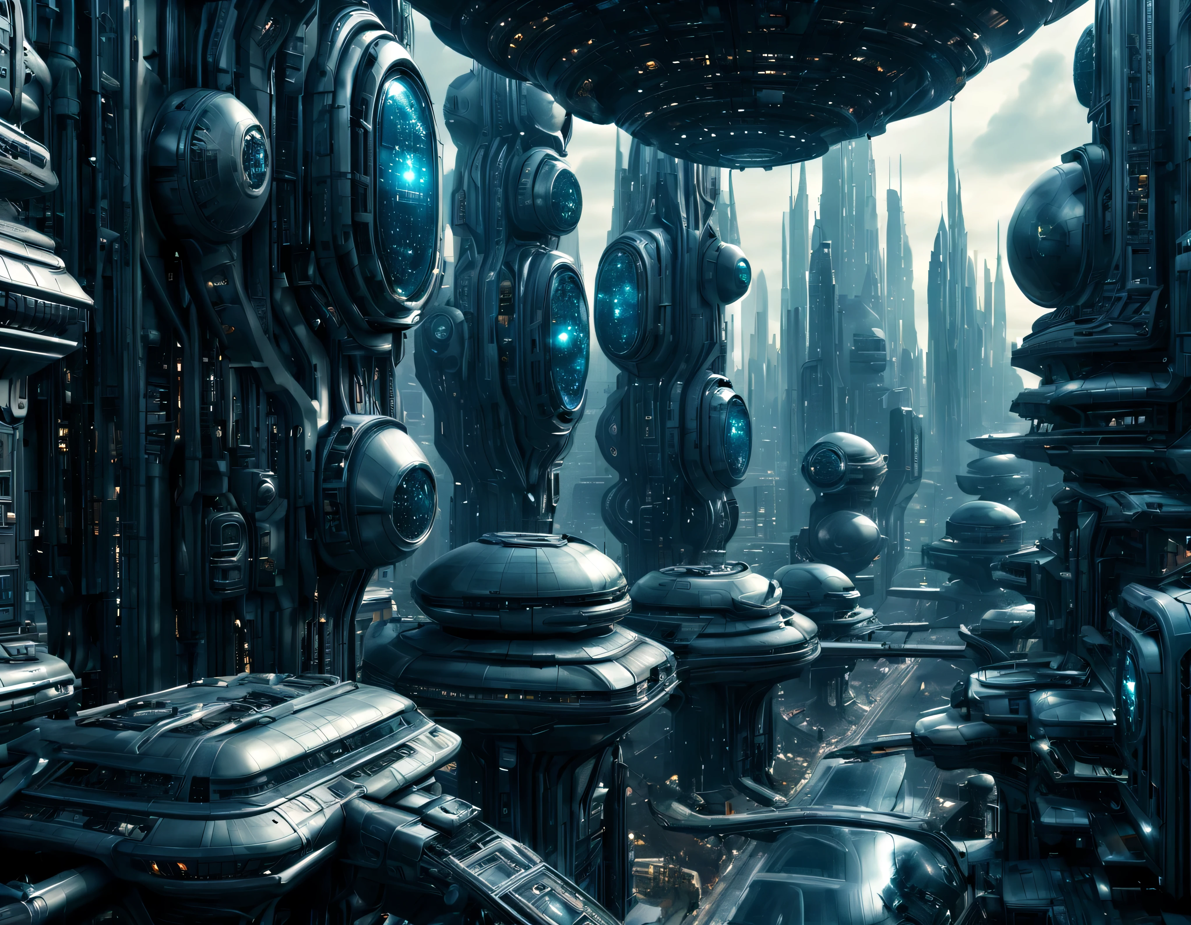street of an extraterrestrial alien city with futuristic and technological architecture in its metal and glass conglomerado de buildings, some aliens walking around, ventanas iluminadas, all full of imagination, science fiction and (intrincados detalles de la maquina).imagen fotorrealista, Maximum sharpness, calidad 8k.(obra maestra de calidad superior). 3D.