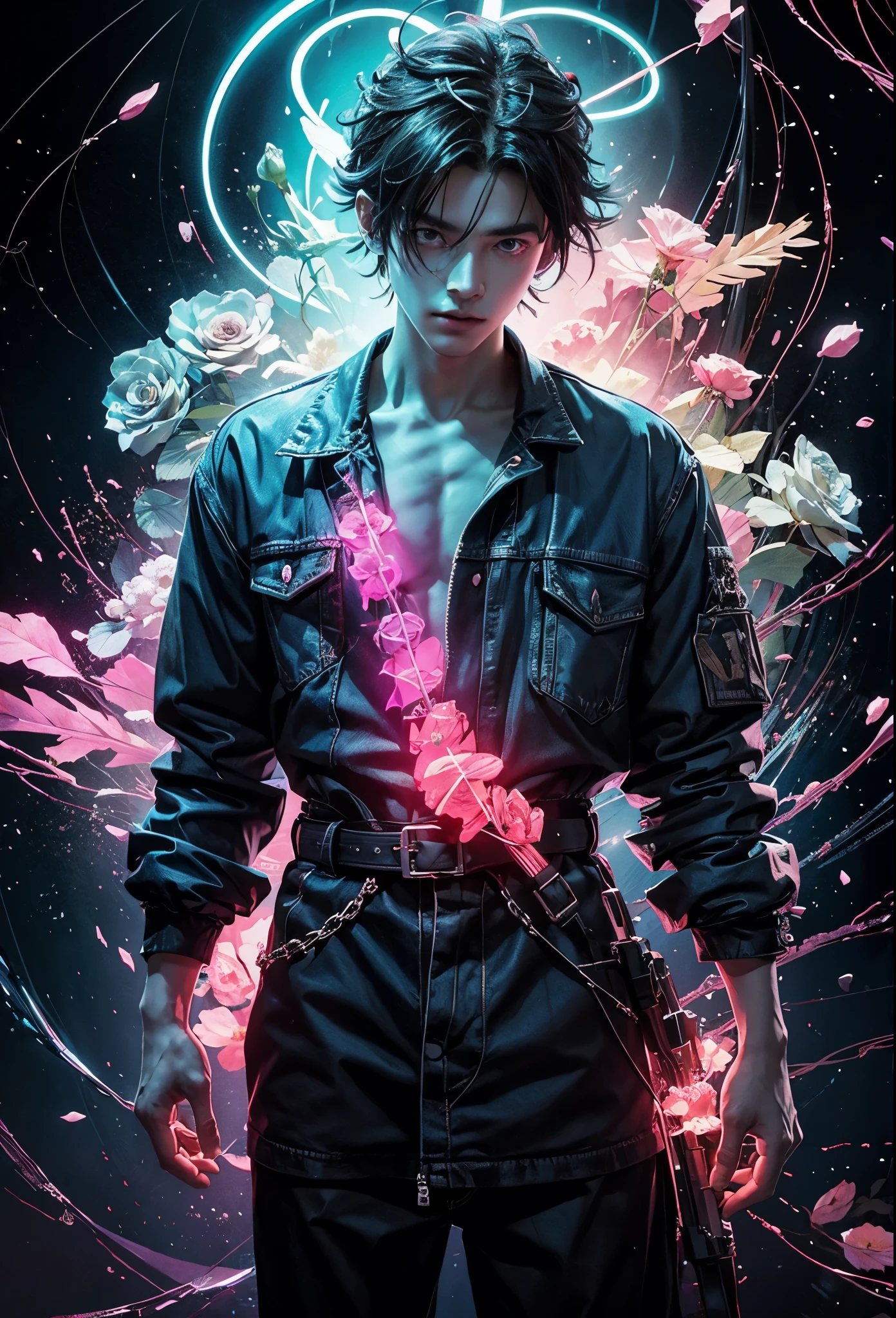 Generate an unprocessed digital illustration featuring a male protagonist inspired by the aesthetic of 'Mob Psycho 100.' The protagonist should possess captivating eyes, emitting an intense, deep stare that draws viewers in. Keep the illustration raw and unedited, showcasing the raw beauty of the scene without any additional processing. Experiment with glitch art and acid wash techniques to create a visually striking effect, while maintaining the authenticity of the composition. Utilize a neon drip aesthetic to infuse energy into the illustration, engaging the viewer with an attention-capturing presence. Outline the subject with a neon glitch outline to add visual interest, and integrate ethereal, spectral motifs to enhance the overall mood. Apply a double exposure technique to blend reality with fantastical elements seamlessly. Depict the male figure wearing a crown of intertwined roses, varying from buds to full blooms, with soft petals falling around him.