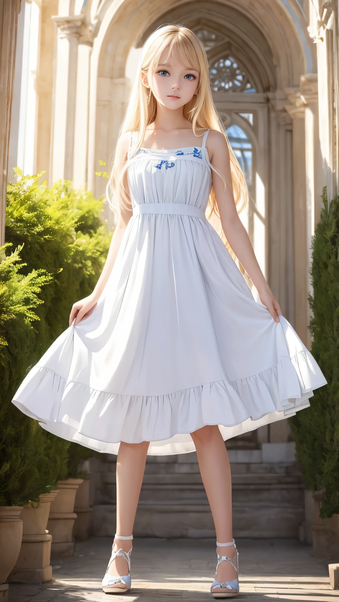 Beauty、Nordic girls、cute、blonde、white skin、20-year-old、white dress、beautiful feet、Glass shoes、blue eyes、stare、shyness、long hair、standing position、palace、Ancient Rome、shining decoration、Stained glass、art gallery、Beyond imagination、beautiful、Bathed in bright light、Angel、Golden light、pour down、Crisp background、high resolution、beauty of photo、professional portrayal、Full body photo