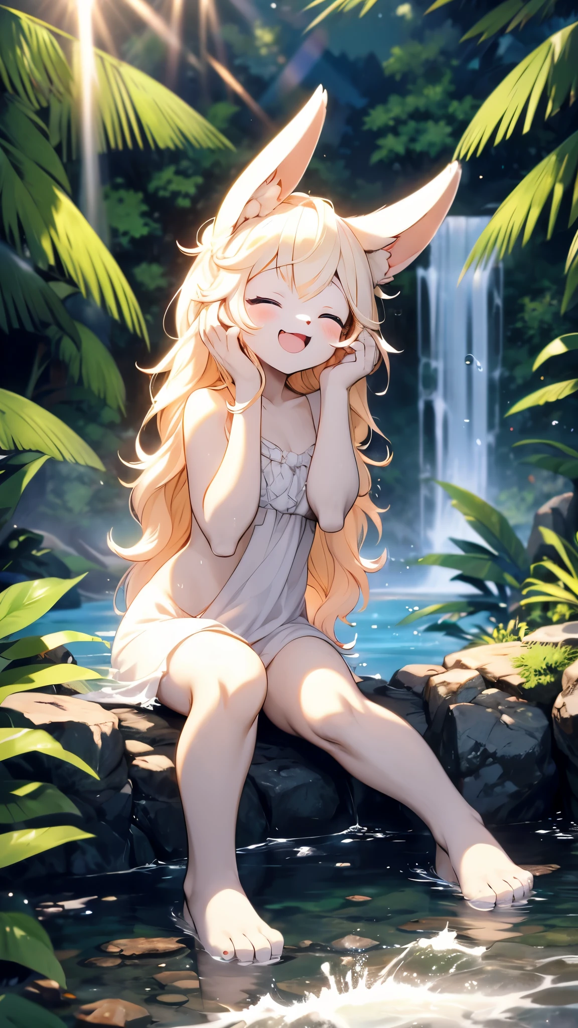 rabbit girl,female furry,yellow hair,mini girl,bathing under waterfall,nude,naked,ultra sparkle water detailed,high resolution,high quality,two eye closed,look up,hands washing head,smile,open mouth,light beam,wet body,wet head,wet face,wet arms,wet legs,lying in water