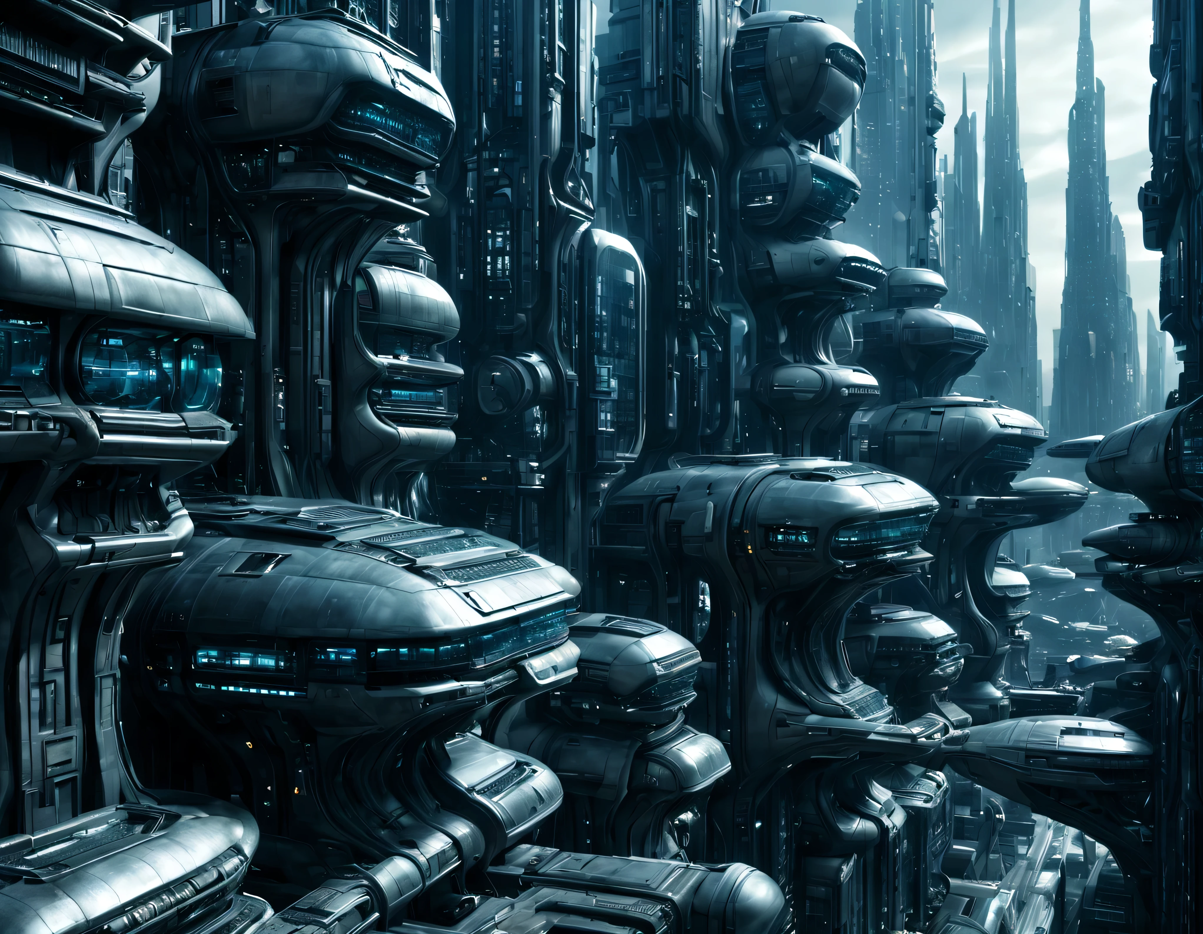 street of an extraterrestrial alien city with futuristic and technological architecture in its metal and glass conglomerado de buildings, some aliens walking around, ventanas iluminadas, all full of imagination, science fiction and (intrincados detalles de la maquina).imagen fotorrealista, Maximum sharpness, calidad 8k.(obra maestra de calidad superior). 3D.