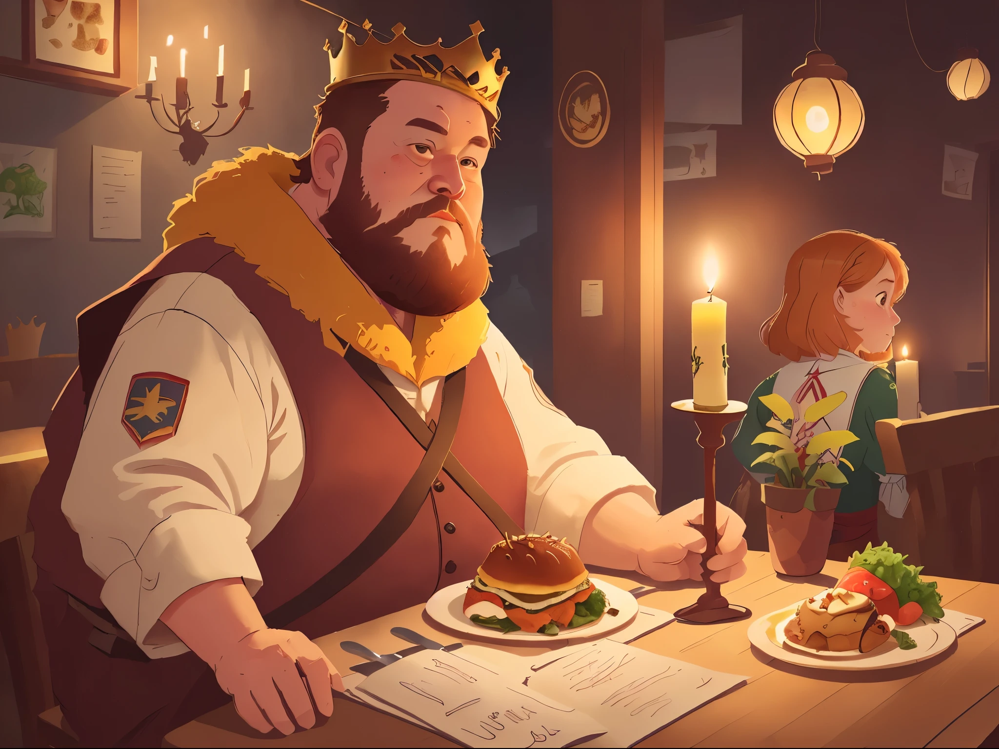 ,Medieval Europe, medieval clothing, ancient times,(A fat king sat in the restaurant, dinner,In the distance is the silhouette of a mother leaving, candles, crown, short hair, beard, brown hair:1.5),((blonde hair)), watercolor, medieval style,