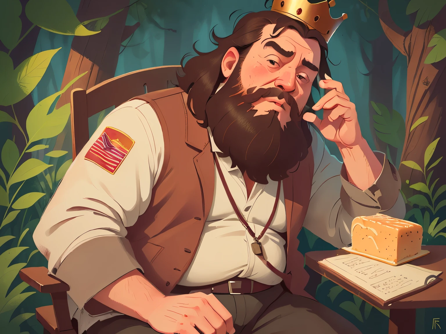 holding a crown,Medieval Europe, medieval clothing, ancient times,(A fat king sat in his chair, holding a crown, palace, close-up, beard, and short brown hair in his hand:1.5),((blonde hair)), watercolor, medieval style,