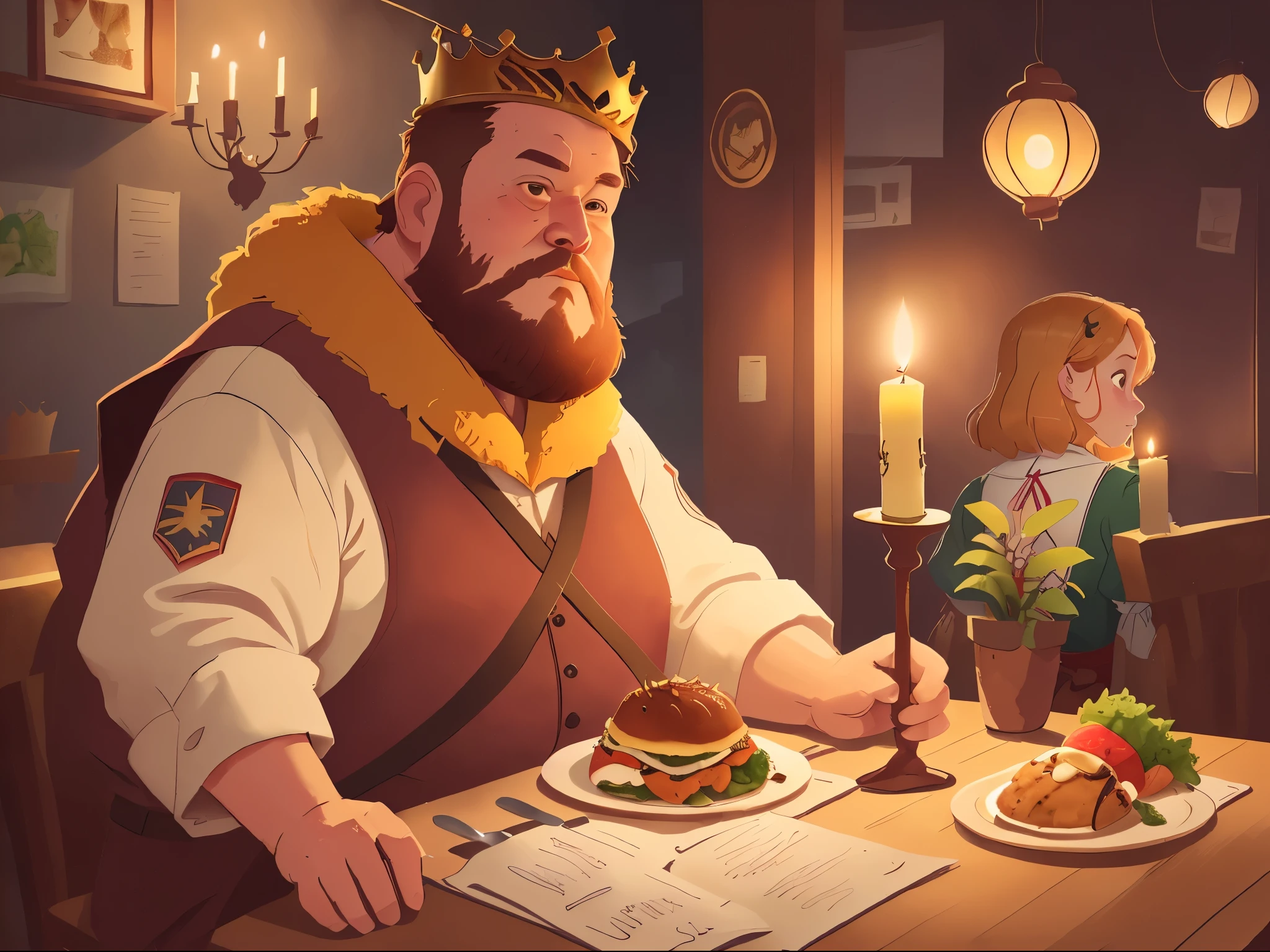 ,Medieval Europe, medieval clothing, ancient times,(A fat king sat in the restaurant, dinner,In the distance is the silhouette of a mother leaving, candles, crown, short hair, beard, brown hair:1.5),((blonde hair)), watercolor, medieval style,