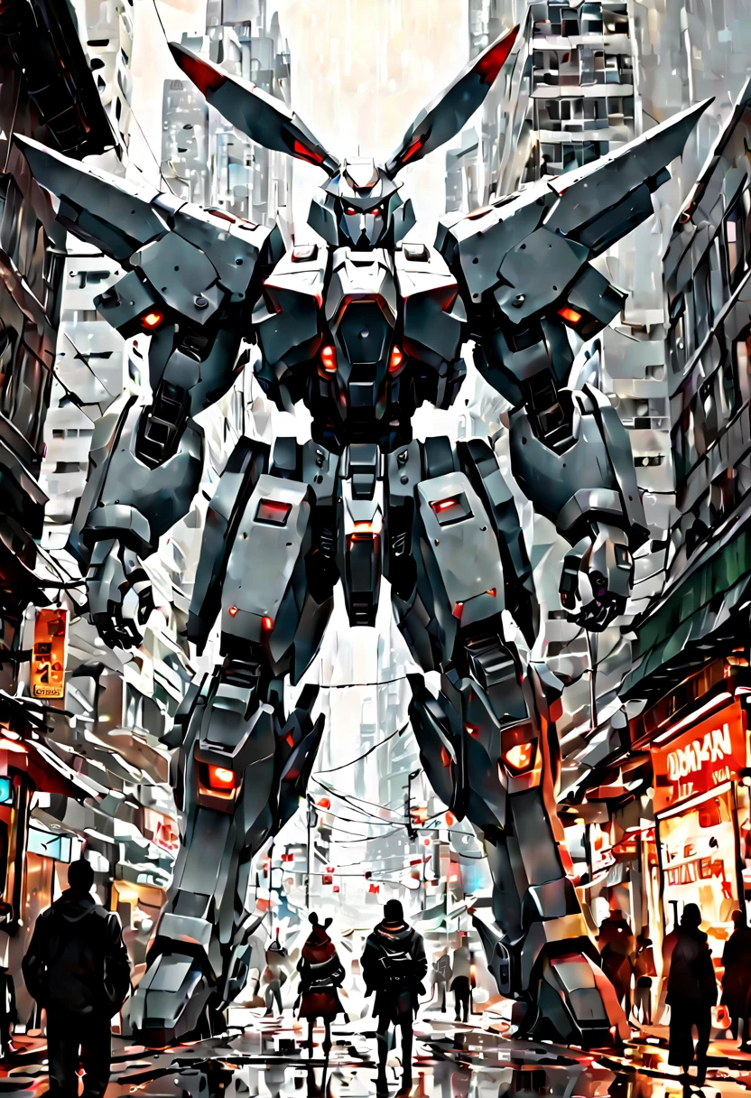 Mecha Warrior, Giant mecha robot rabbit towering the city!! :: concept art, 16k resolution digital art by Klaus Wittmann, Alejandro Burdisio, Ismail Inceoglu, Jeremy Mann, Ilya Kuvshinov, highly detailed, hyperrealistic, volumetric lighting, Muted colors, striking, beautifully lit, smooth sharp focus, trending on Artstation