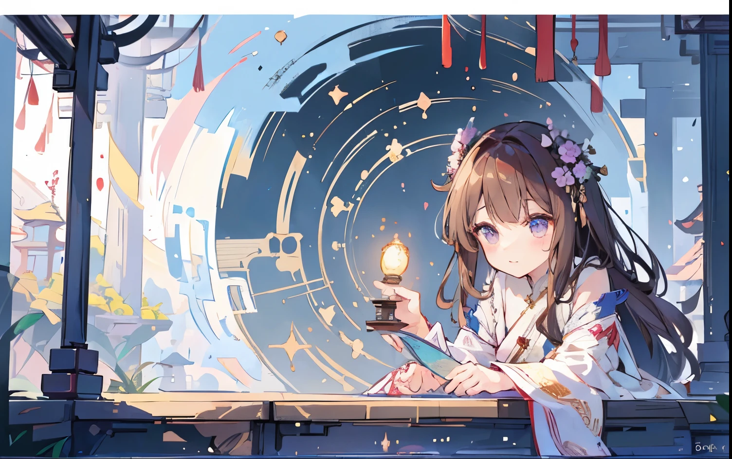 fantasy world,view from faraway,Cute female merchant selling magical items in a busy market,fantasic world,wearing robe,many goods display,masterpiece,soft line,cute face,wavy Brown hair,(extremely delicate and beautiful work), ((masuter piece)), (Best Quality) (detailed art),(very detailed),beautiful face,wearing robe,many light floating,midnight,colorful art,(((soft line drawing)))