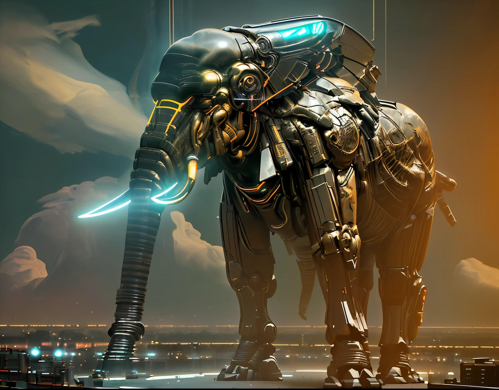 Cyberpunk, Mechanical elephant，Luminous neon lamp, ( Global illumination, raytracing, HDR, unreal render,reasonable design, high detailed, masterpiece, best quality, UHD, BJ_Zagu_Mecha