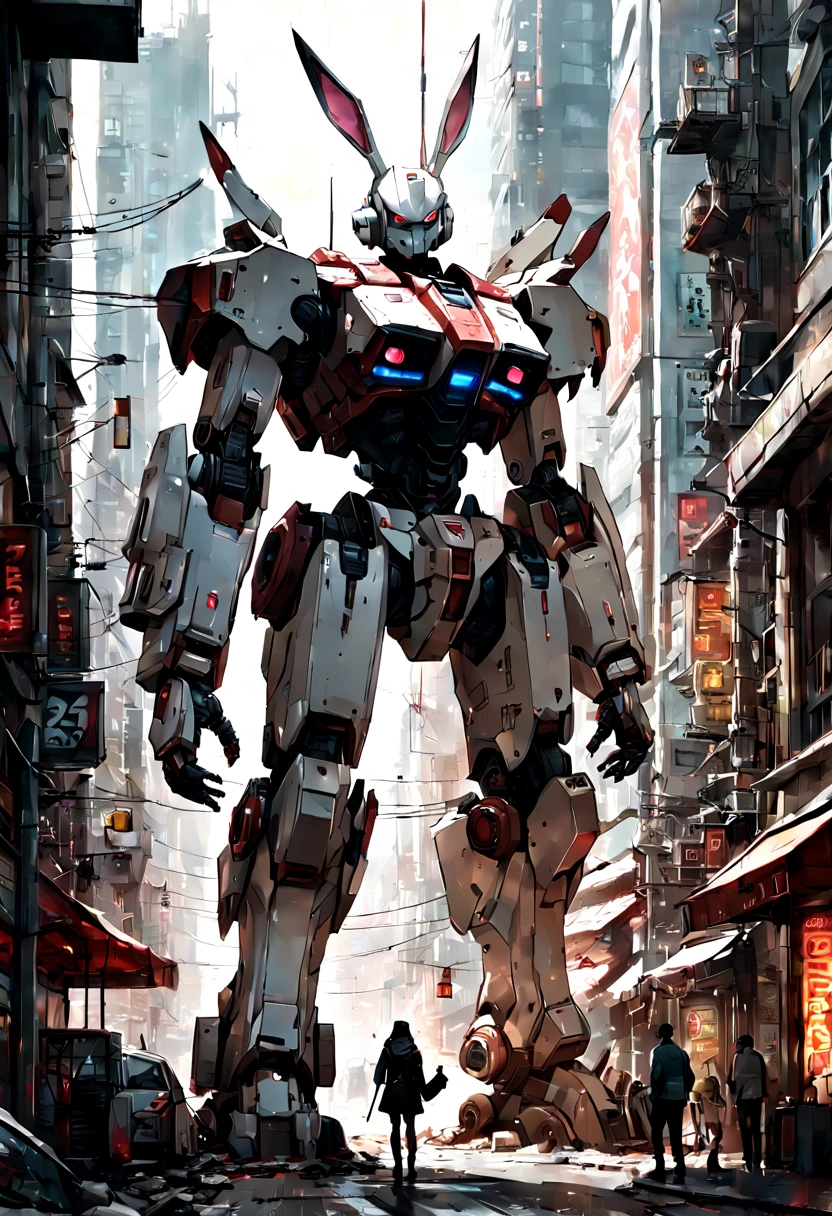 Mecha Warrior, Giant mecha robot rabbit towering the city!! :: concept art, 16k resolution digital art by Klaus Wittmann, Alejandro Burdisio, Ismail Inceoglu, Jeremy Mann, Ilya Kuvshinov, highly detailed, hyperrealistic, volumetric lighting, Muted colors, striking, beautifully lit, smooth sharp focus, trending on Artstation