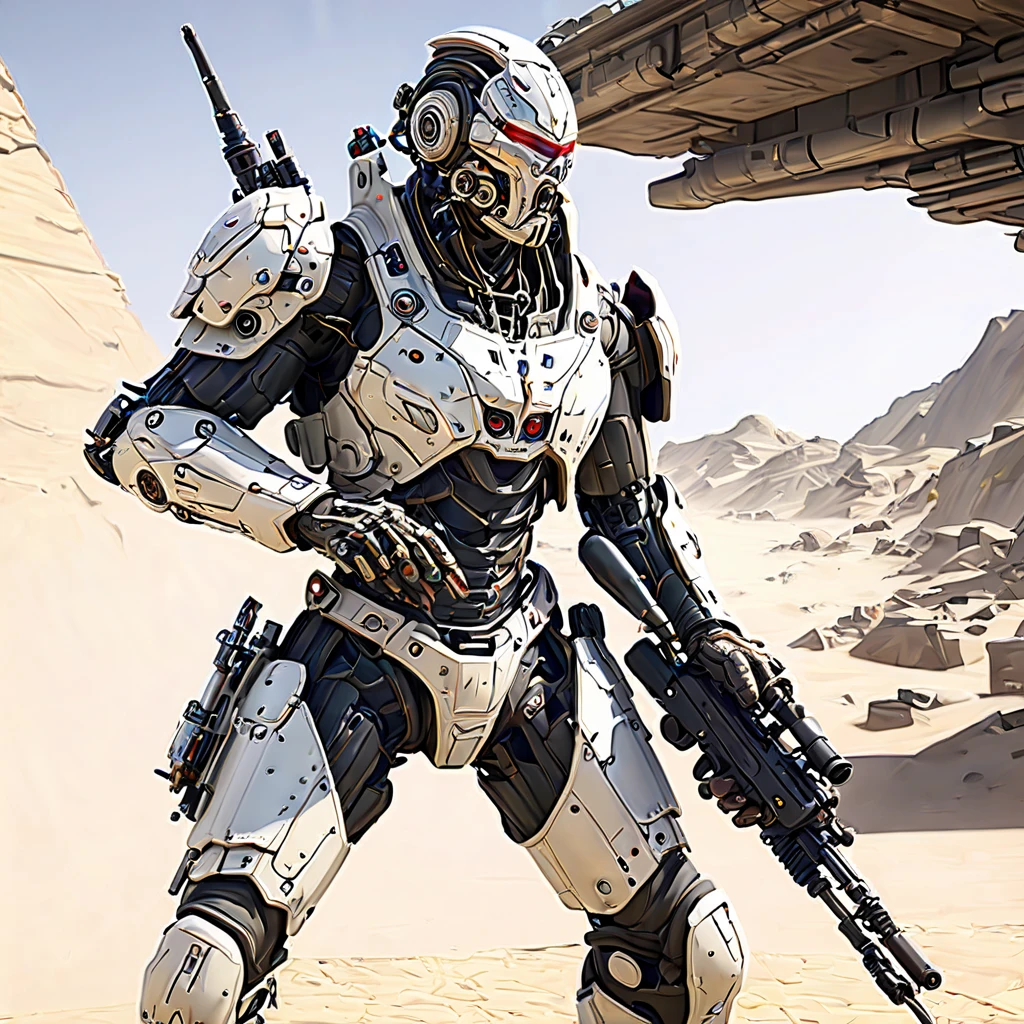 (远景:1.8), (全身照:1.5), A half-mechanical male warrior with cybernetic enhancements stands in a futuristic battlefield, aiming his rifle. His body is a complex assembly of intricate mechanical parts, cables, and gears, symbolizing the fusion of human and machine. The environment is a desolate, war-torn landscape, showcasing a stark contrast between the remnants of a once-civilized world and the advanced technology that now dominates. The warrior's posture is focused and determined, highlighting his readiness for combat. The details of his mechanical parts are meticulously designed, showing pistons, wires, and metal plates that interlock to create his formidable form. The scene is set during twilight, casting long shadows and creating a dramatic interplay of light and darkness, emphasizing the tension of the moment. This portrayal captures the essence of a futuristic warrior, blending elements of science fiction with a gritty realism, ，(眼睛正面看着观众:1.5)