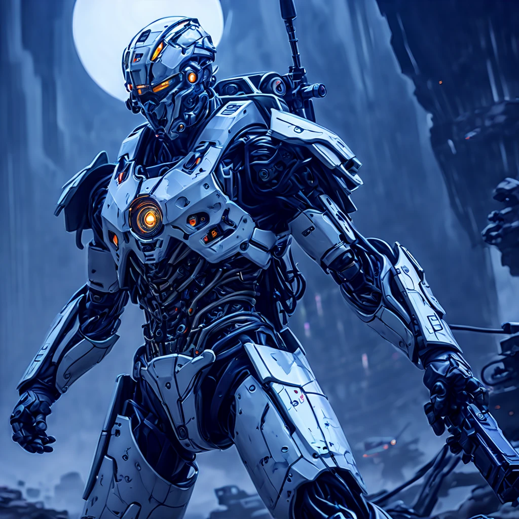 (远景:1.8), (全身照:1.5), A half-mechanical male warrior with cybernetic enhancements stands in a futuristic battlefield, aiming his rifle. His body is a complex assembly of intricate mechanical parts, cables, and gears, symbolizing the fusion of human and machine. The environment is a desolate, war-torn landscape, showcasing a stark contrast between the remnants of a once-civilized world and the advanced technology that now dominates. The warrior's posture is focused and determined, highlighting his readiness for combat. The details of his mechanical parts are meticulously designed, showing pistons, wires, and metal plates that interlock to create his formidable form. The scene is set during twilight, casting long shadows and creating a dramatic interplay of light and darkness, emphasizing the tension of the moment. This portrayal captures the essence of a futuristic warrior, blending elements of science fiction with a gritty realism, ，(眼睛正面看着观众:1.5)