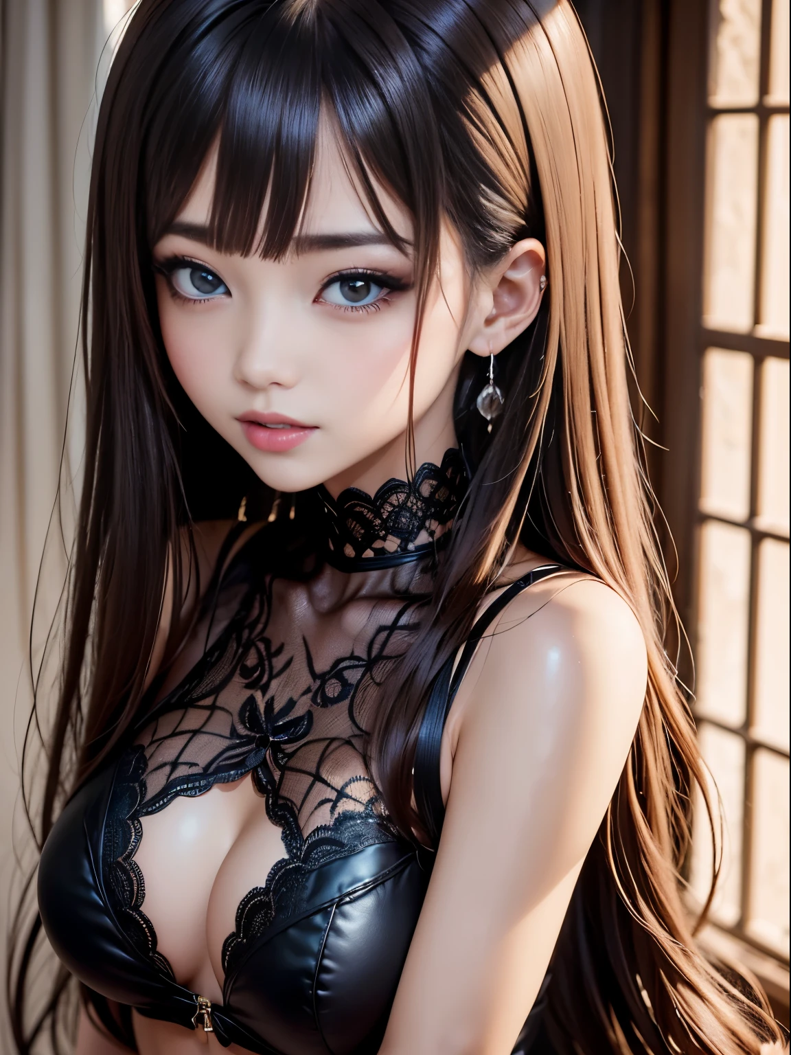 semi-uper small breasta red garter belt、ultra high resolution、super high quality、8K、Detailed details、marvelous expression、1 female、tall slender woman、small breasts、superlong curly black hair、luxurious hair ornament、upper body view、Luxury hotel party venue backgrou