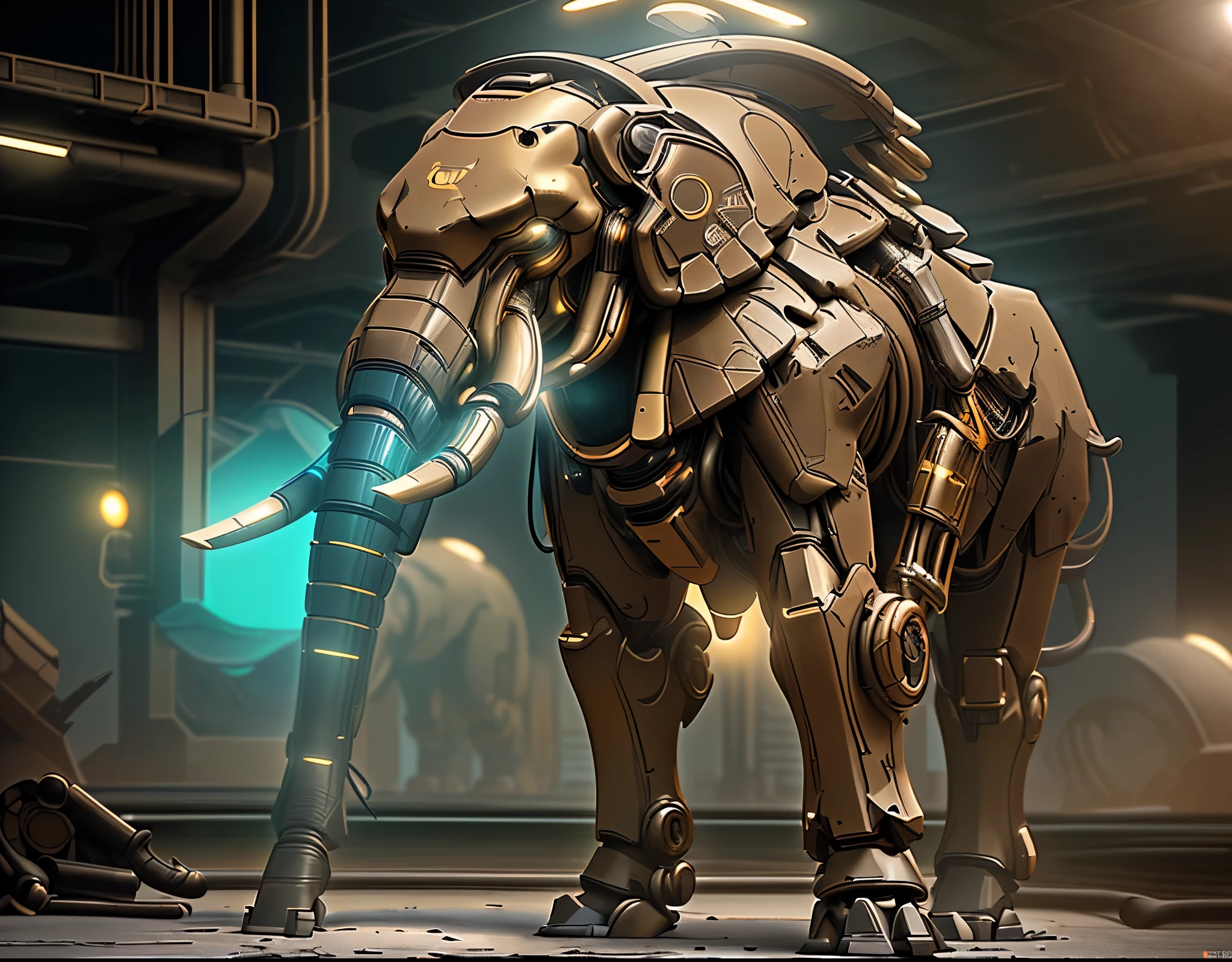 Cyberpunk, Mechanical elephant，Luminous neon lamp, ( Global illumination, raytracing, HDR, unreal render,reasonable design, high detailed, masterpiece, best quality, UHD, BJ_Zagu_Mecha