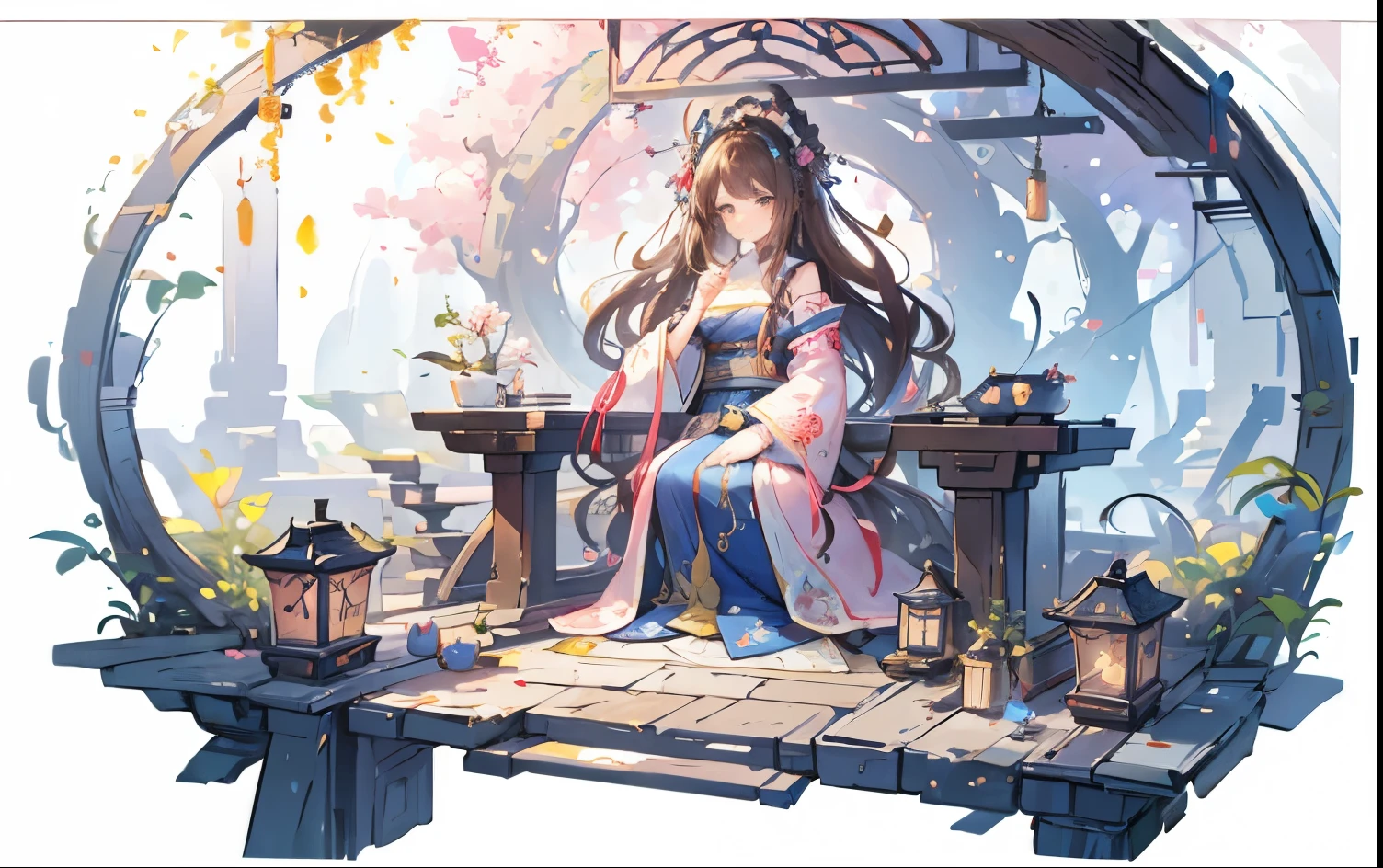 fantasy world,view from faraway,Cute female merchant selling magical items in a busy market,fantasic world,wearing robe,many goods display,masterpiece,soft line,cute face,wavy Brown hair,(extremely delicate and beautiful work), ((masuter piece)), (Best Quality) (detailed art),(very detailed),beautiful face,wearing robe,many light floating,midnight,colorful art,(((soft line drawing)))