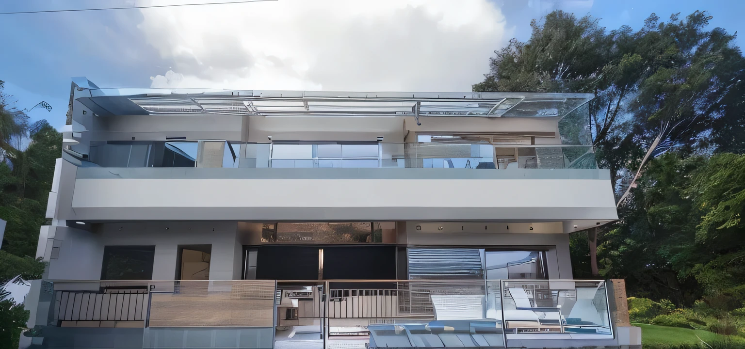 put brown roof on top, modern house, glass doors, sliding door, glass railings