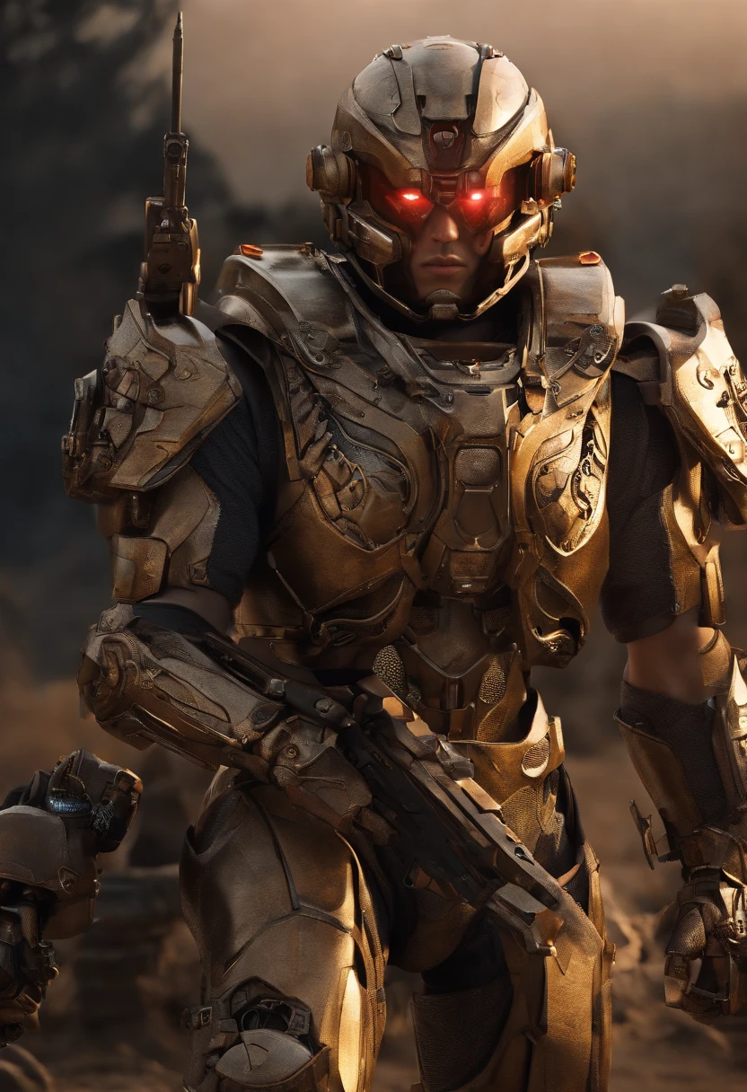 (Vision:1.8), (full-body shot:1.5), a cyborg male warrior,With a steel-like skeleton,On the battlefield of the future world,Aim with a rifle。His body is a fine mechanical part(Includes cables and gears)complex integration of,Demonstrating the fusion of humans and machines in a dystopian future。The intricate details of his mechanical components highlight his strength and combat readiness。The warrior's posture is focused and precise,Captured the tense atmosphere of the battlefield,(Eyes looking directly at the audience:1.5),(motion blur:1.5)