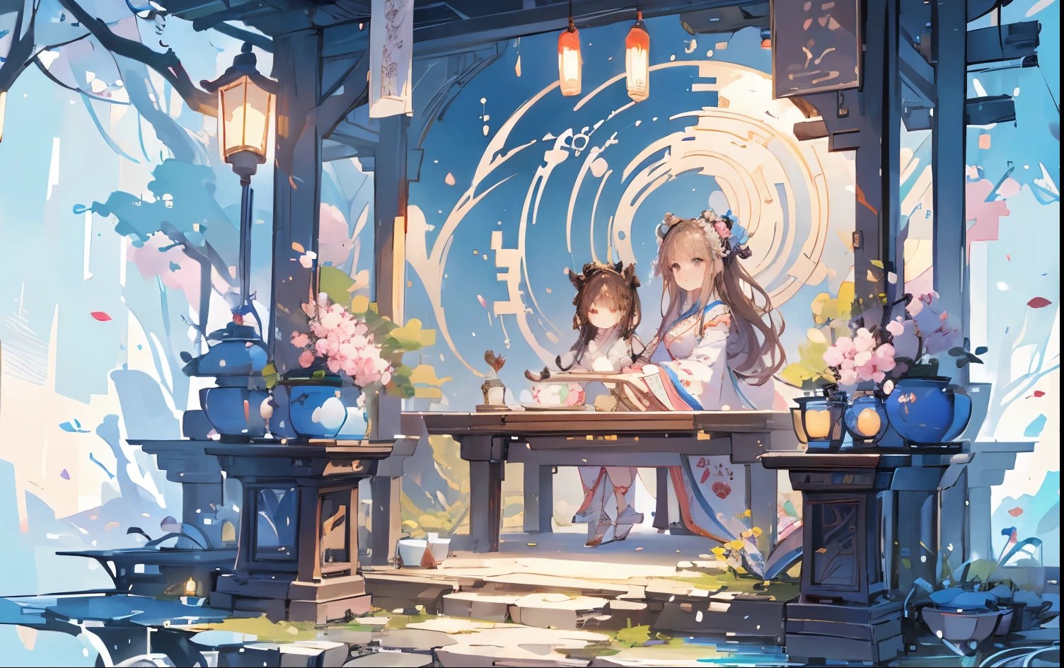 fantasy world,view from faraway,Cute female merchant selling magical items in a busy market,fantasic world,wearing robe,many goods display,masterpiece,soft line,cute face,wavy Brown hair,(extremely delicate and beautiful work), ((masuter piece)), (Best Quality) (detailed art),(very detailed),beautiful face,wearing robe,many light floating,midnight,colorful art,(((soft line drawing)))