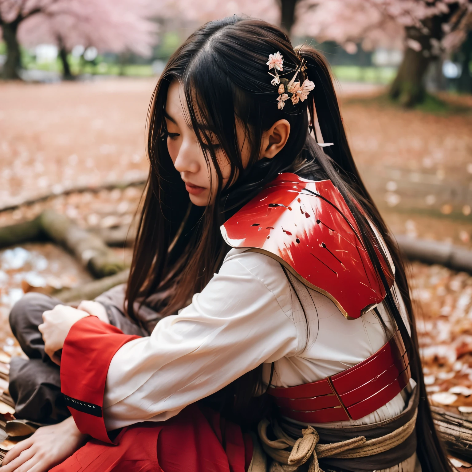 a samurai with long messy hair wearing red armor, sitting hugging his , crying, screaming. background . Sakura trees with fallen leaves. heavy downpour. puddle of mud. domination of red and gray color. realistic. oil paint. hyper-detailed. dramatic and intense scenes.