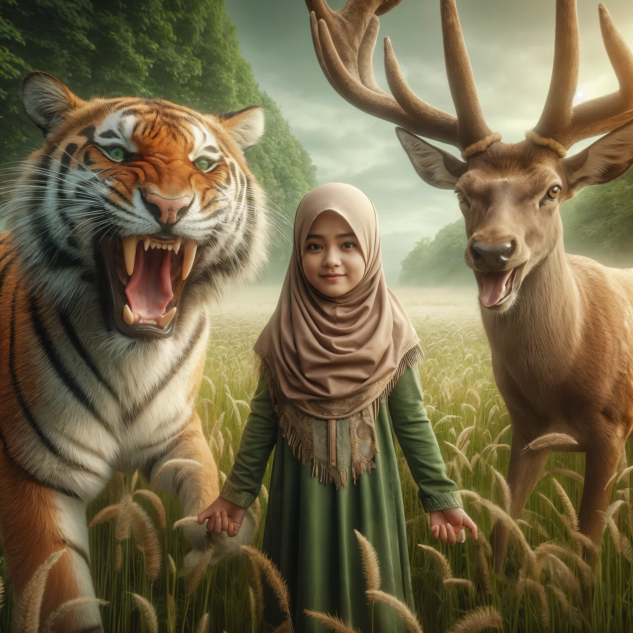 Seorang anak kecil perempuan berhijab berdiri diantara rusa bertanduk panjang dan harimau loreng, dengan latarbelakang padang rumput, F1/8, t1/10,detail rumit dan tajam,hyperdetailed, render oktan, hdr, 16k,3D.
