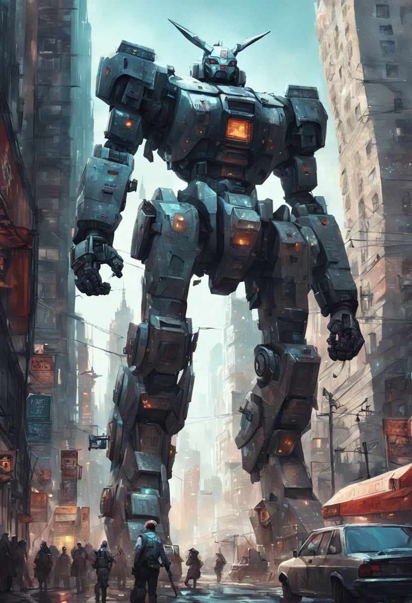 Mecha Warrior, Giant mecha robot rabbit towering the city!! :: concept art, 16k resolution digital art by Klaus Wittmann, Alejandro Burdisio, Ismail Inceoglu, Jeremy Mann, Ilya Kuvshinov, highly detailed, hyperrealistic, volumetric lighting, Muted colors, striking, beautifully lit, smooth sharp focus, trending on Artstation