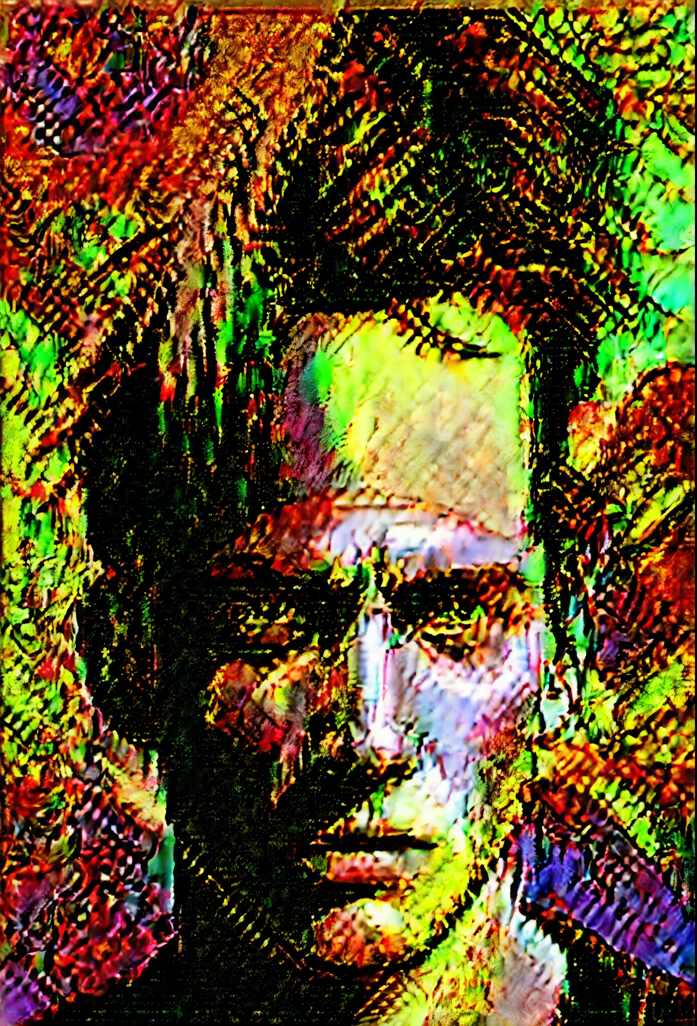 Generate an unprocessed digital illustration featuring a male protagonist inspired by the aesthetic of 'Mob Psycho 100.' The protagonist should possess captivating eyes, emitting an intense, deep stare that draws viewers in. Keep the illustration raw and unedited, showcasing the raw beauty of the scene without any additional processing. Experiment with glitch art and acid wash techniques to create a visually striking effect, while maintaining the authenticity of the composition. Utilize a neon drip aesthetic to infuse energy into the illustration, engaging the viewer with an attention-capturing presence. Outline the subject with a neon glitch outline to add visual interest, and integrate ethereal, spectral motifs to enhance the overall mood. Apply a double exposure technique to blend reality with fantastical elements seamlessly. Depict the male figure wearing a crown of intertwined roses, varying from buds to full blooms, with soft petals falling around him.