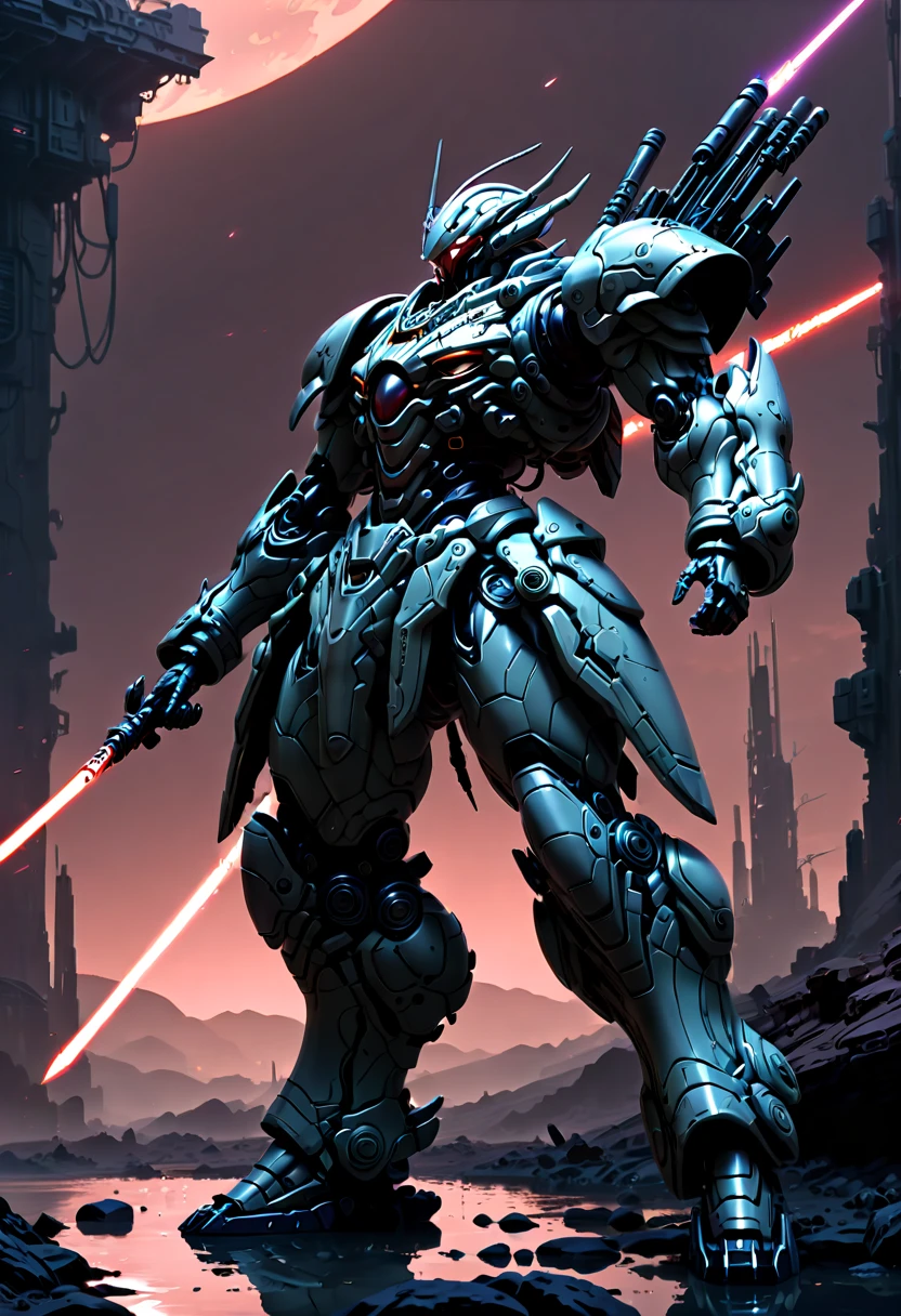 (远景:1.8), (全身照:1.5), A half-mechanical male warrior with cybernetic enhancements stands in a futuristic battlefield, aiming his rifle. His body is a complex assembly of intricate mechanical parts, cables, and gears, symbolizing the fusion of human and machine. The environment is a desolate, war-torn landscape, showcasing a stark contrast between the remnants of a once-civilized world and the advanced technology that now dominates. The warrior's posture is focused and determined, highlighting his readiness for combat. The details of his mechanical parts are meticulously designed, showing pistons, wires, and metal plates that interlock to create his formidable form. The scene is set during twilight, casting long shadows and creating a dramatic interplay of light and darkness, emphasizing the tension of the moment. This portrayal captures the essence of a futuristic warrior, blending elements of science fiction with a gritty realism, ，(眼睛正面看着观众:1.5)