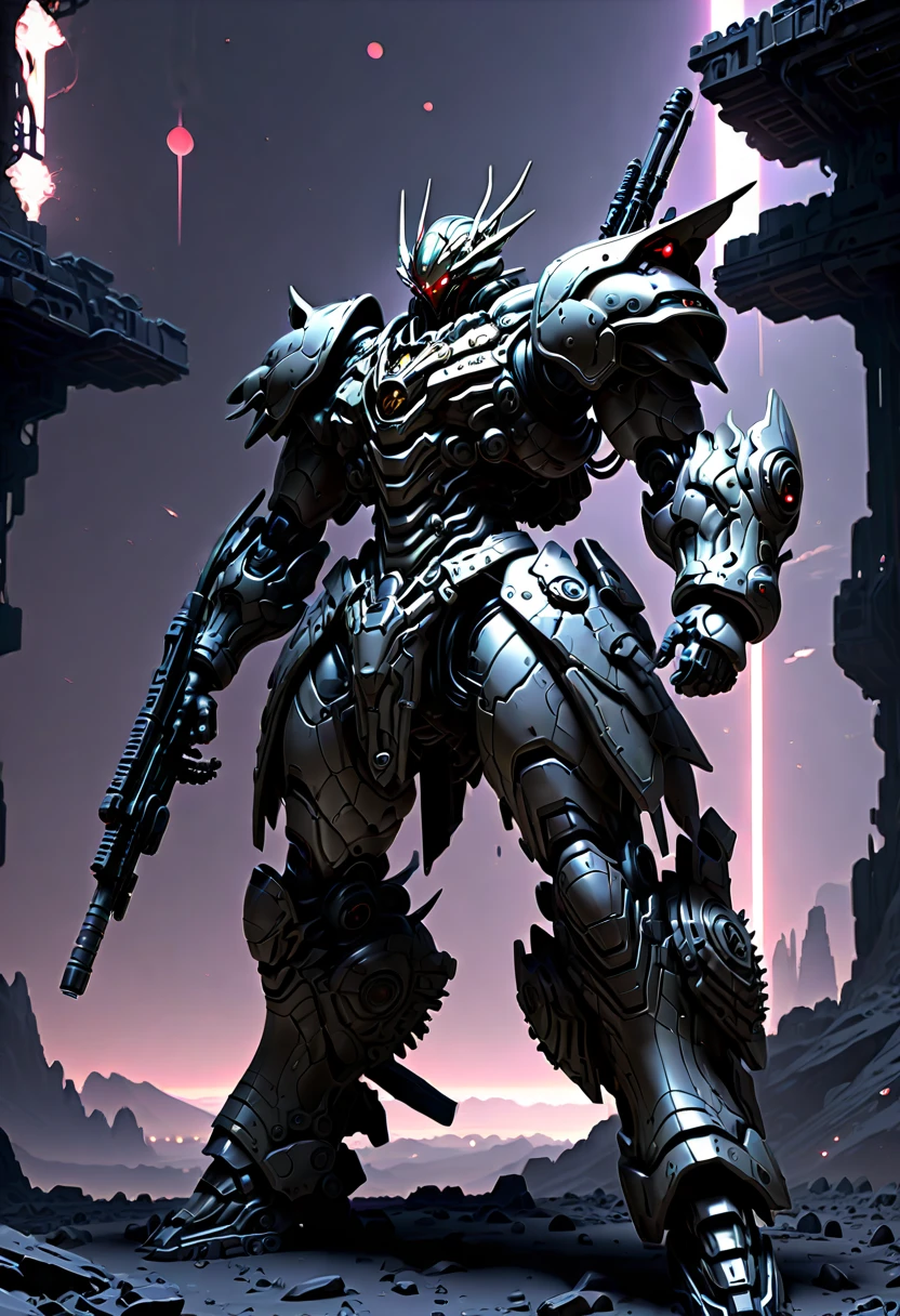 (远景:1.8), (全身照:1.5), A half-mechanical male warrior with cybernetic enhancements stands in a futuristic battlefield, aiming his rifle. His body is a complex assembly of intricate mechanical parts, cables, and gears, symbolizing the fusion of human and machine. The environment is a desolate, war-torn landscape, showcasing a stark contrast between the remnants of a once-civilized world and the advanced technology that now dominates. The warrior's posture is focused and determined, highlighting his readiness for combat. The details of his mechanical parts are meticulously designed, showing pistons, wires, and metal plates that interlock to create his formidable form. The scene is set during twilight, casting long shadows and creating a dramatic interplay of light and darkness, emphasizing the tension of the moment. This portrayal captures the essence of a futuristic warrior, blending elements of science fiction with a gritty realism, ，(眼睛正面看着观众:1.5)