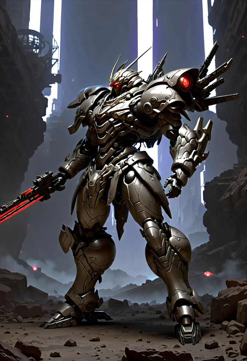 (远景:1.8), (全身照:1.5), A half-mechanical male warrior with cybernetic enhancements stands in a futuristic battlefield, aiming his rifle. His body is a complex assembly of intricate mechanical parts, cables, and gears, symbolizing the fusion of human and machine. The environment is a desolate, war-torn landscape, showcasing a stark contrast between the remnants of a once-civilized world and the advanced technology that now dominates. The warrior's posture is focused and determined, highlighting his readiness for combat. The details of his mechanical parts are meticulously designed, showing pistons, wires, and metal plates that interlock to create his formidable form. The scene is set during twilight, casting long shadows and creating a dramatic interplay of light and darkness, emphasizing the tension of the moment. This portrayal captures the essence of a futuristic warrior, blending elements of science fiction with a gritty realism, ，(眼睛正面看着观众:1.5)