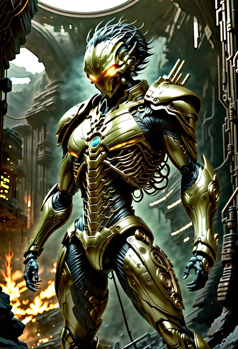 (远景:1.8), (全身照:1.5), A half-mechanical male warrior with cybernetic enhancements stands in a futuristic battlefield, aiming his rifle. His body is a complex assembly of intricate mechanical parts, cables, and gears, symbolizing the fusion of human and machine. The environment is a desolate, war-torn landscape, showcasing a stark contrast between the remnants of a once-civilized world and the advanced technology that now dominates. The warrior's posture is focused and determined, highlighting his readiness for combat. The details of his mechanical parts are meticulously designed, showing pistons, wires, and metal plates that interlock to create his formidable form. The scene is set during twilight, casting long shadows and creating a dramatic interplay of light and darkness, emphasizing the tension of the moment. This portrayal captures the essence of a futuristic warrior, blending elements of science fiction with a gritty realism, ，(眼睛正面看着观众:1.5)