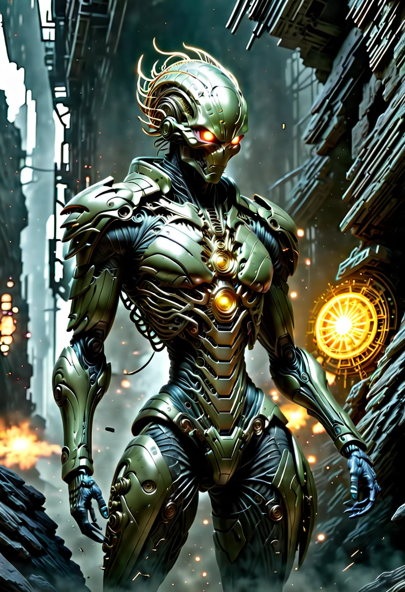 (远景:1.8), (全身照:1.5), A half-mechanical male warrior with cybernetic enhancements stands in a futuristic battlefield, aiming his rifle. His body is a complex assembly of intricate mechanical parts, cables, and gears, symbolizing the fusion of human and machine. The environment is a desolate, war-torn landscape, showcasing a stark contrast between the remnants of a once-civilized world and the advanced technology that now dominates. The warrior's posture is focused and determined, highlighting his readiness for combat. The details of his mechanical parts are meticulously designed, showing pistons, wires, and metal plates that interlock to create his formidable form. The scene is set during twilight, casting long shadows and creating a dramatic interplay of light and darkness, emphasizing the tension of the moment. This portrayal captures the essence of a futuristic warrior, blending elements of science fiction with a gritty realism, ，(眼睛正面看着观众:1.5)