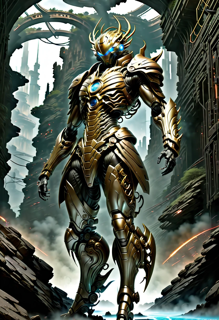 (远景:1.8), (全身照:1.5), A half-mechanical male warrior with cybernetic enhancements stands in a futuristic battlefield, aiming his rifle. His body is a complex assembly of intricate mechanical parts, cables, and gears, symbolizing the fusion of human and machine. The environment is a desolate, war-torn landscape, showcasing a stark contrast between the remnants of a once-civilized world and the advanced technology that now dominates. The warrior's posture is focused and determined, highlighting his readiness for combat. The details of his mechanical parts are meticulously designed, showing pistons, wires, and metal plates that interlock to create his formidable form. The scene is set during twilight, casting long shadows and creating a dramatic interplay of light and darkness, emphasizing the tension of the moment. This portrayal captures the essence of a futuristic warrior, blending elements of science fiction with a gritty realism, ，(眼睛正面看着观众:1.5)