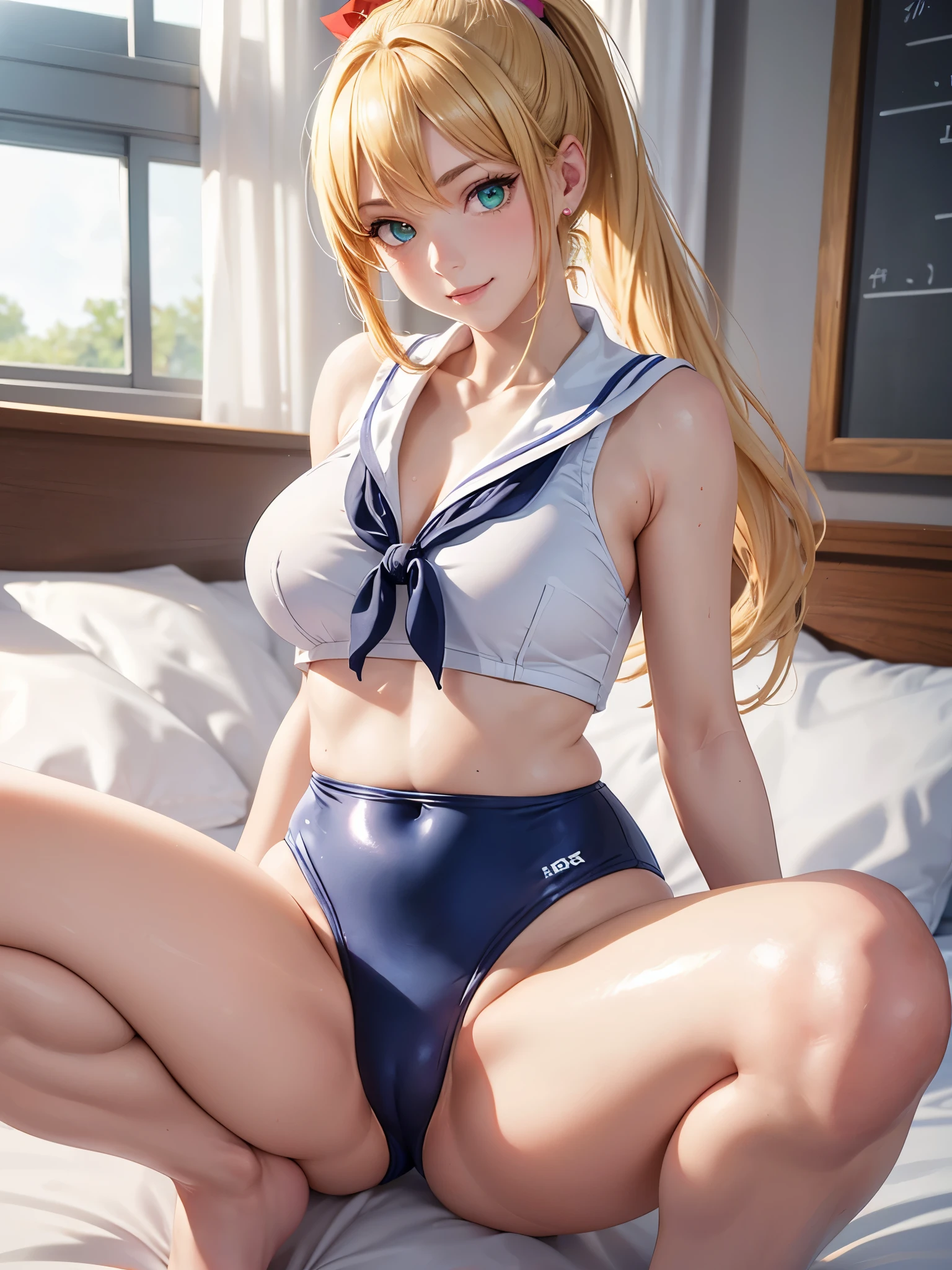 (1 woman), school swimsuit, ((Blue One Piece Swimsuit)), (Sailor school uniform only for the upper body), (white short shirt), ((Crop Top shirt)), summer clothes, Red Ribbon Tie, masterpiece, Best Quality, High quality, High Definition, Finely detailed, Detailed texture, realistic representation of face, Realistic, Colorful, Ray tracing, (((lighting forward))), smile, (((eyes focus))), (glowing eyes), (Detailed beautiful delicate face, Detailed beautiful eyes, A perfectly proportioned face, High detailed skin, best ratio four finger and one thumb, (((Glowing white shiny skin))), (((Open legs))), small breasts, ((sitting on a bed with one knee up)), ((Smooth texture, Realistic texture, Photorealistic)), (((Green eyes))), (((blonde semi-long hair, ponytail))), (Beautiful face, Cute face, Detailed face)